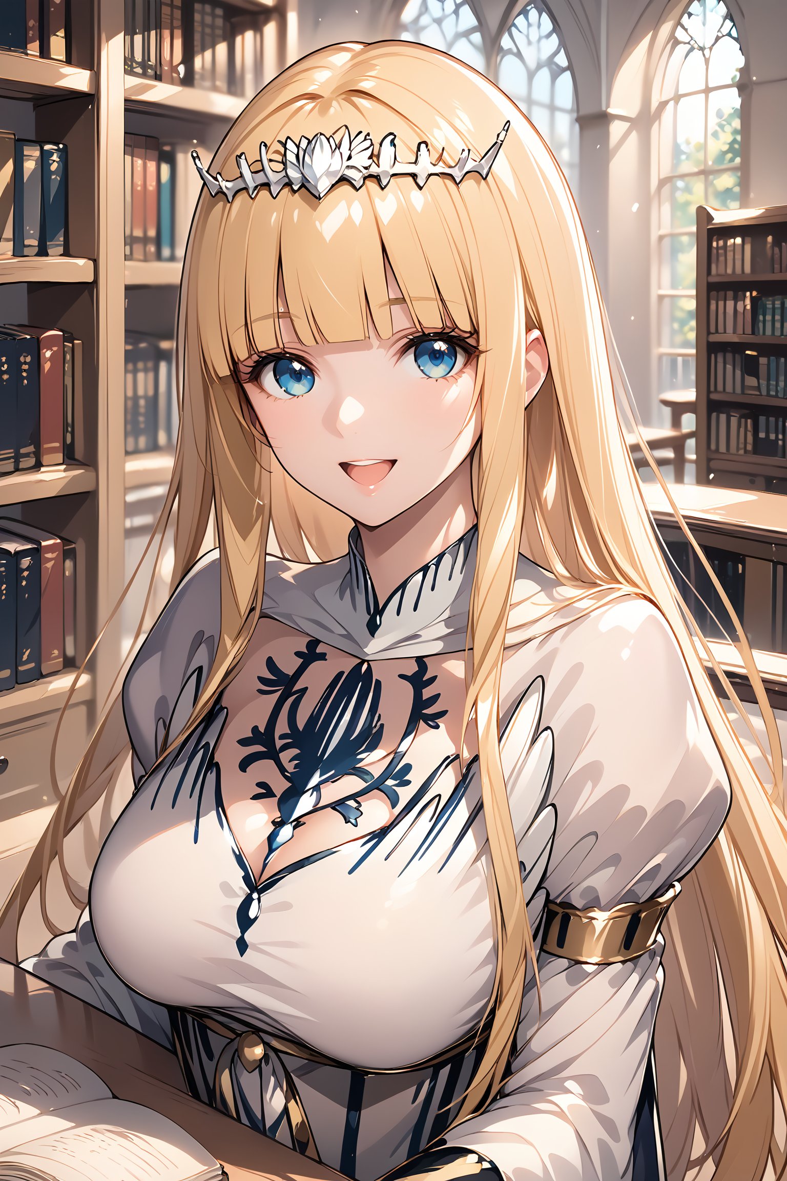 score_9, score_8_up, score_7_up, source_anime, 

,looking at the viewer, blush, smile, open mouth, bangs, indoors, book, chair, desk, open book, bookshelf, in the very luxurious library, the royal library, very gigantic library, 1girl, solo, Calca, Calca Bessarez, blonde hair, (extremely long hair:1.3), very long hair, white tiara, white dress, blue eyes, blunt bangs, mature female, 25 years old, perfect anatomy, slim body, upper body