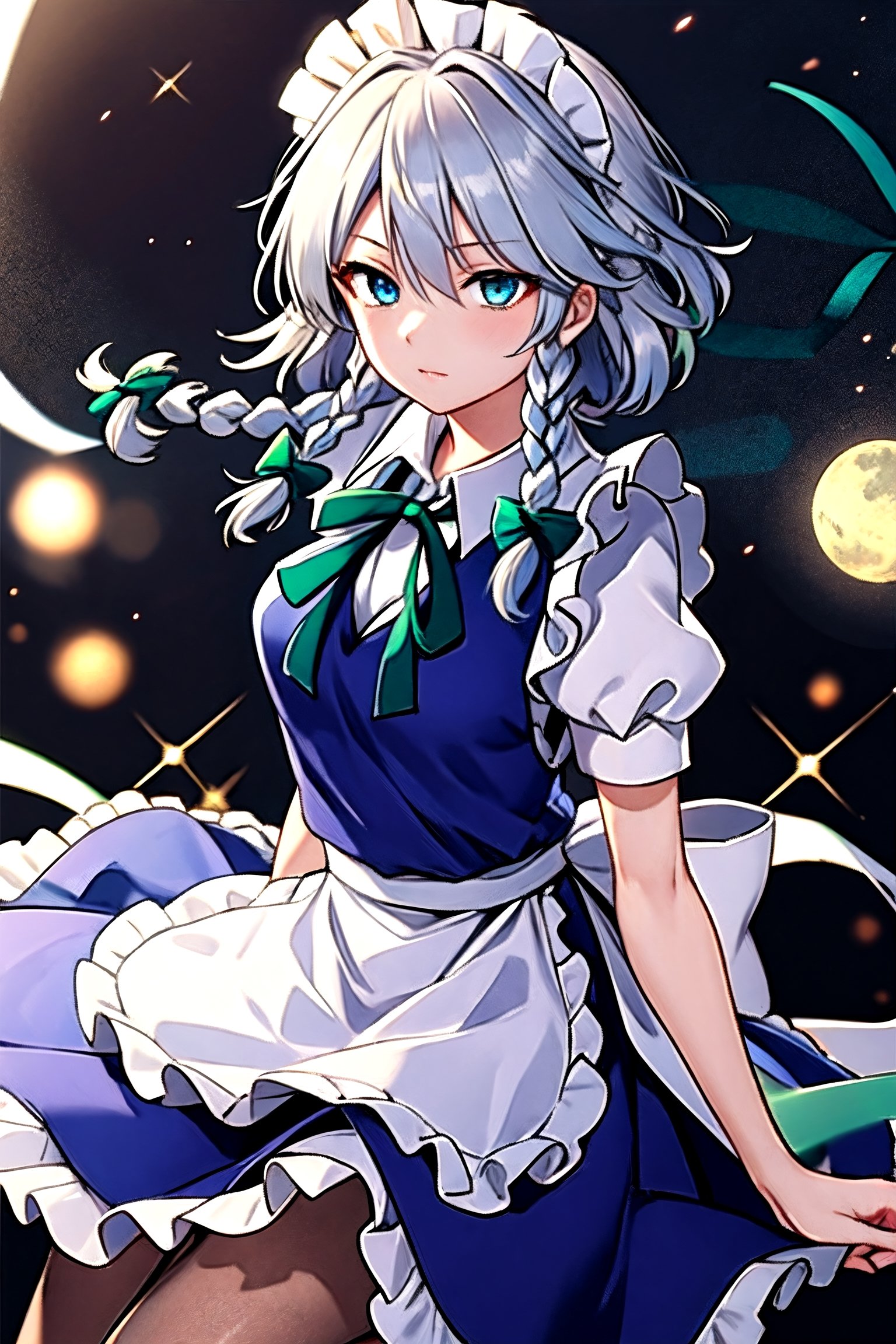 (masterpiece, best quality), (detailed), slender,, medieval mansion background, ,emotionless,,1girl, solo ,Sakuya, , Sakuya Izayoi, blue maid outfit, white apron, white maid headband, silver hair, (two braided hair:1.6), short hair, blue eyes, blue eyes, (two green ribbons on her braided hair:1.5), green bowtie,braid,izayoi_sakuya_touhou