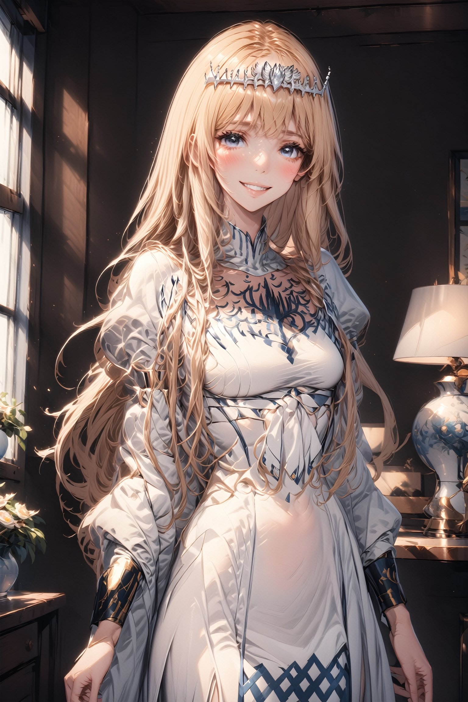 , looking at viewer, blush, smile, standing, , parted lips, indoors,  grin, window, 1girl, solo, Calca, Calca Bessarez, blonde hair, (extremely long hair1.3), very long hair, white tiara, white dress, blue eyes, medium chest,extremely long hair