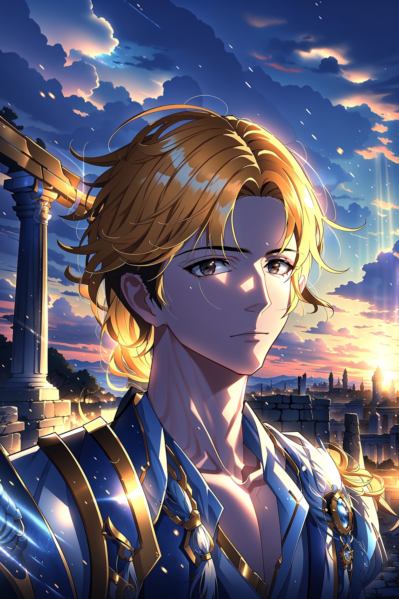 badass and slender boy. His eyes glow quite brightly.  Hyperdetailing masterpiece, hyperdetailing skin, masterpiece quality, with 9k resolution.  Masculine appearance, neat, well-groomed. detailed face. Ancient ruins in background. heaven background, sky,Hyouka, 1male, blonde hair, brown eyes, (one-sided braid:1.1), long hair, armor,