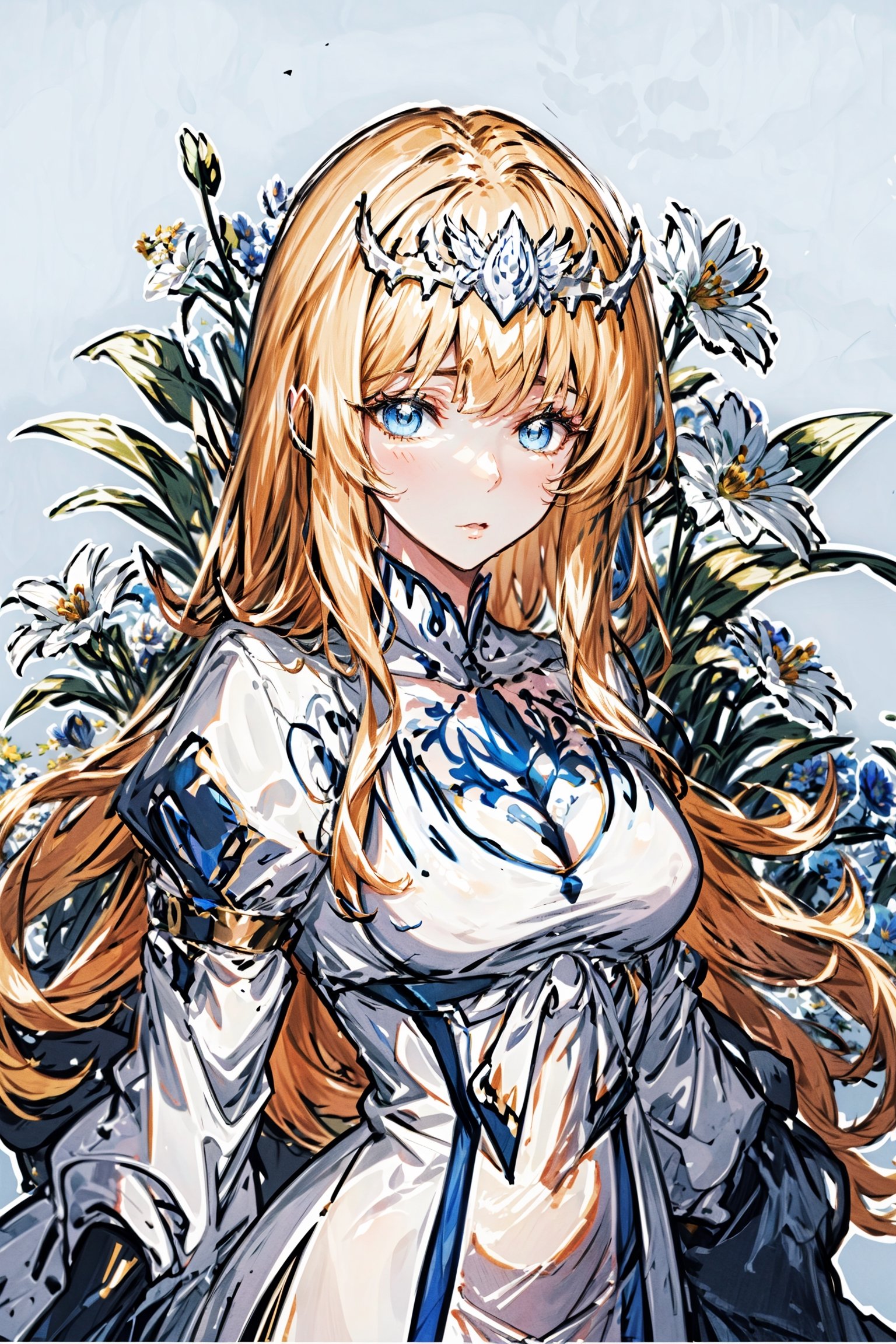 masterpiece, best quality, 1girl, flowers, flat color, lineart, abstract, ornate, blue theme,skindentation,mature female,milf,flower background,AGGA_ST038,  1girl, Calca, blonde hair, extremely long hair, white tiara, white dress, blue eyes, medium breasts, upper body