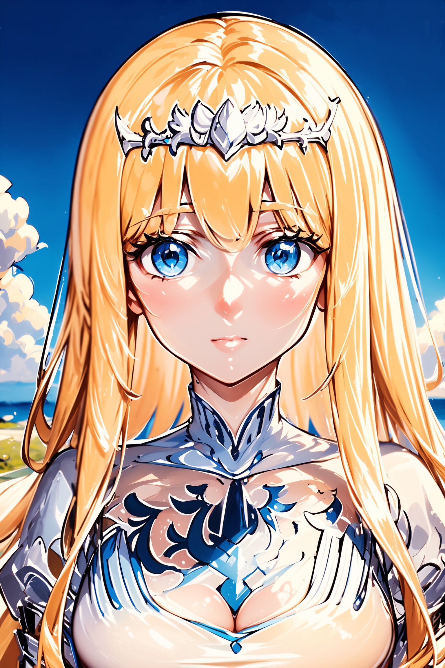 1girl, masterpiece, best quality, blue sky, looking at the viewer, soft smile, close view, solo, Calca, blonde hair, medium chest, extremely long hair, very long hair, extra long hair, white tiara, white dress, blue eyes, close up, upper body
