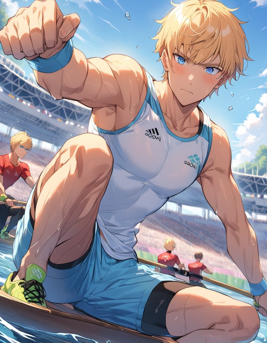 An Anime male rowing event at the OlympIcs,climb, blonde hair, short hair, blue eyes, light blue sport cloth