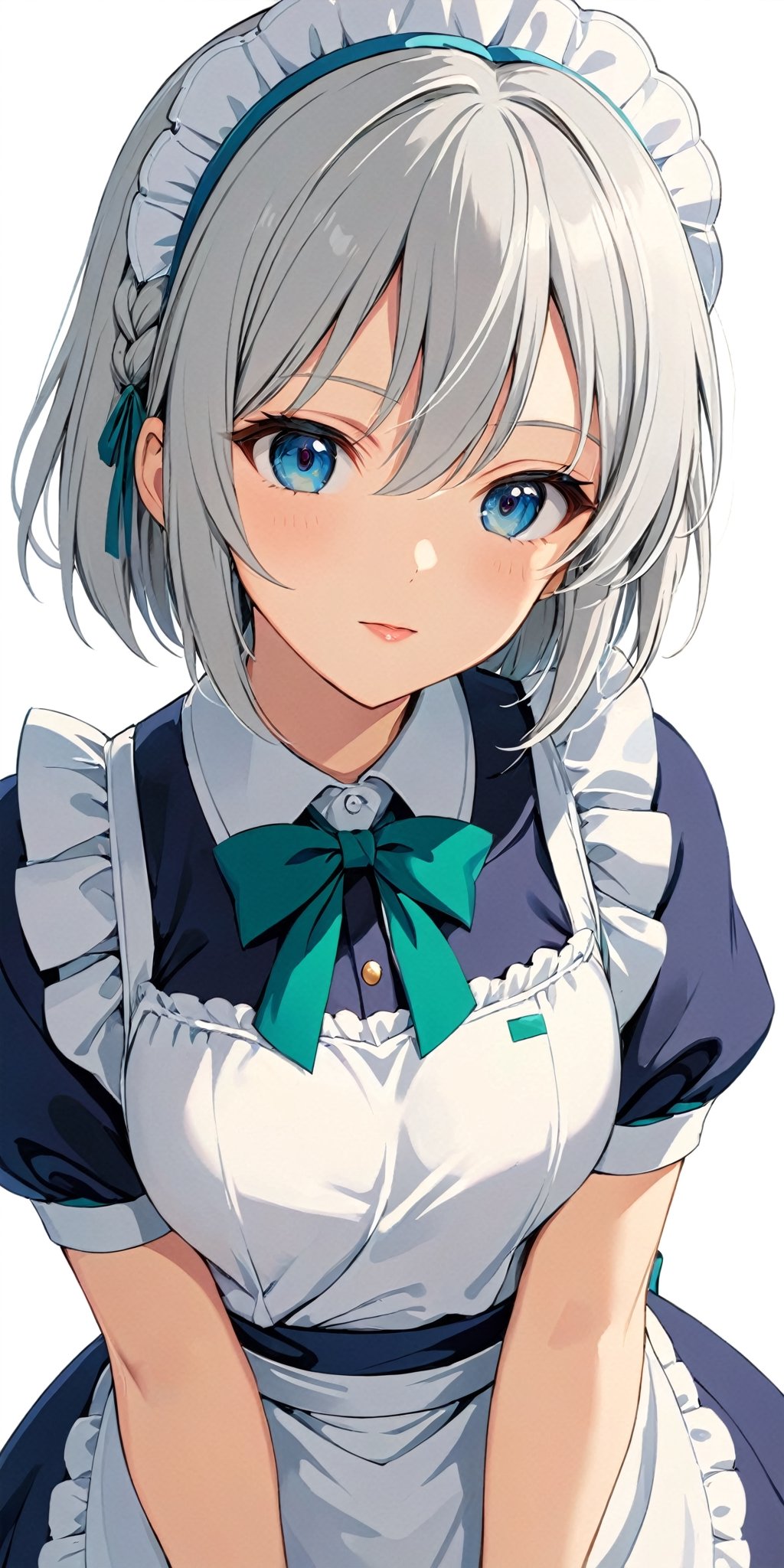 1girl, solo, looking at the viewer, simple background,  , white background,,, close up, lips, , Sakuya, ,, Sakuya Izayoi, blue maid outfit, white apron, white maid headband, silver hair, two braided hair, short hair, blue eyes, blue eyes, green ribbons, green bowtie