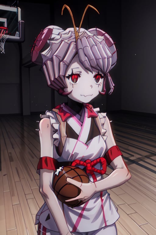 Masterpiece, highest quality, high brightness, 1 girl,  sportswear, baseketball, basketball match, ,, solo, entoma, skeleton hands, bone hands, hone arms , long sleeve, silver hands, entoma vasilissa zeta, white skin, silver skin , bone skin, bone hand, bone arm