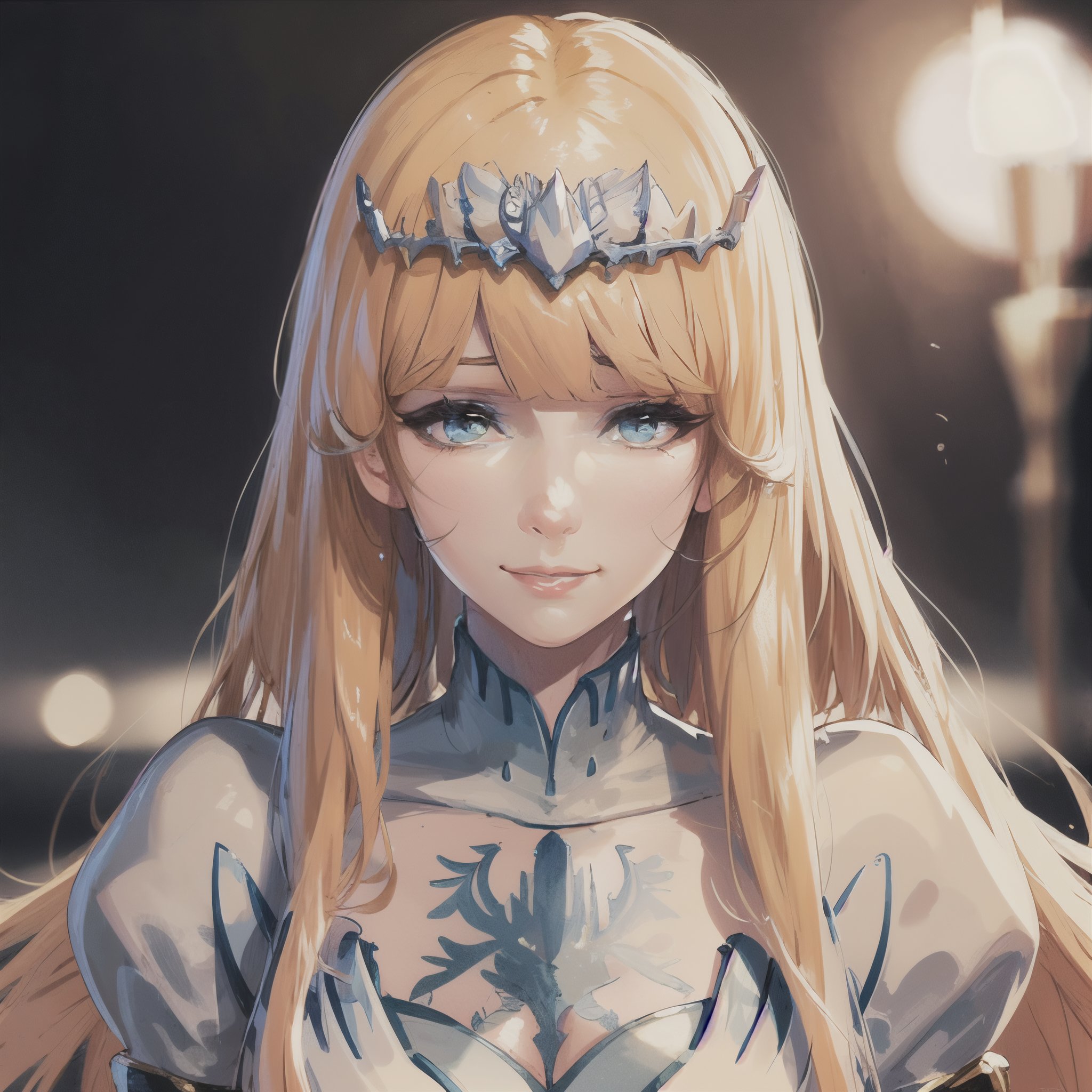 masterpiece, best quality (finely detailed beautiful eyes and detailed face) cinematic lighting extremely detailed CG unity 8k wallpaper, caucasian girl, smiling softly,1girl, solo, Calca, Calca Bessarez, blonde hair, (extremely long hair:1.4), very long hair, white tiara, white dress, blue eyes, medium chest, medium breast