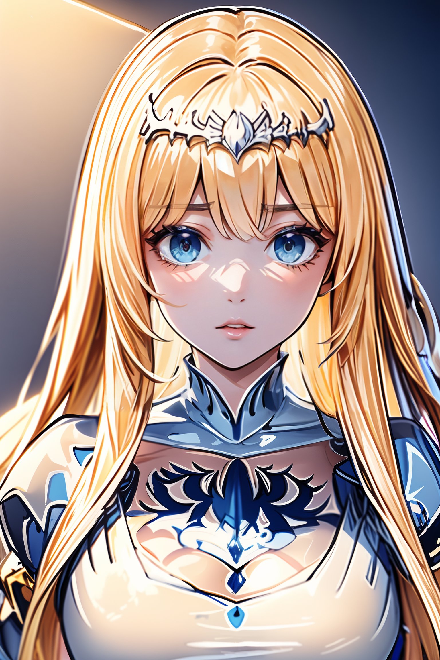 ,((ultra-fine HDR)),calligraphy,extremely delicated and beautiful,8K,  1girl, solo, Calca, Calca Bessarez, blonde hair, (extremely long hair:1.3), very long hair, white tiara, white dress, blue eyes, medium chest, extremely long hair,medium breast