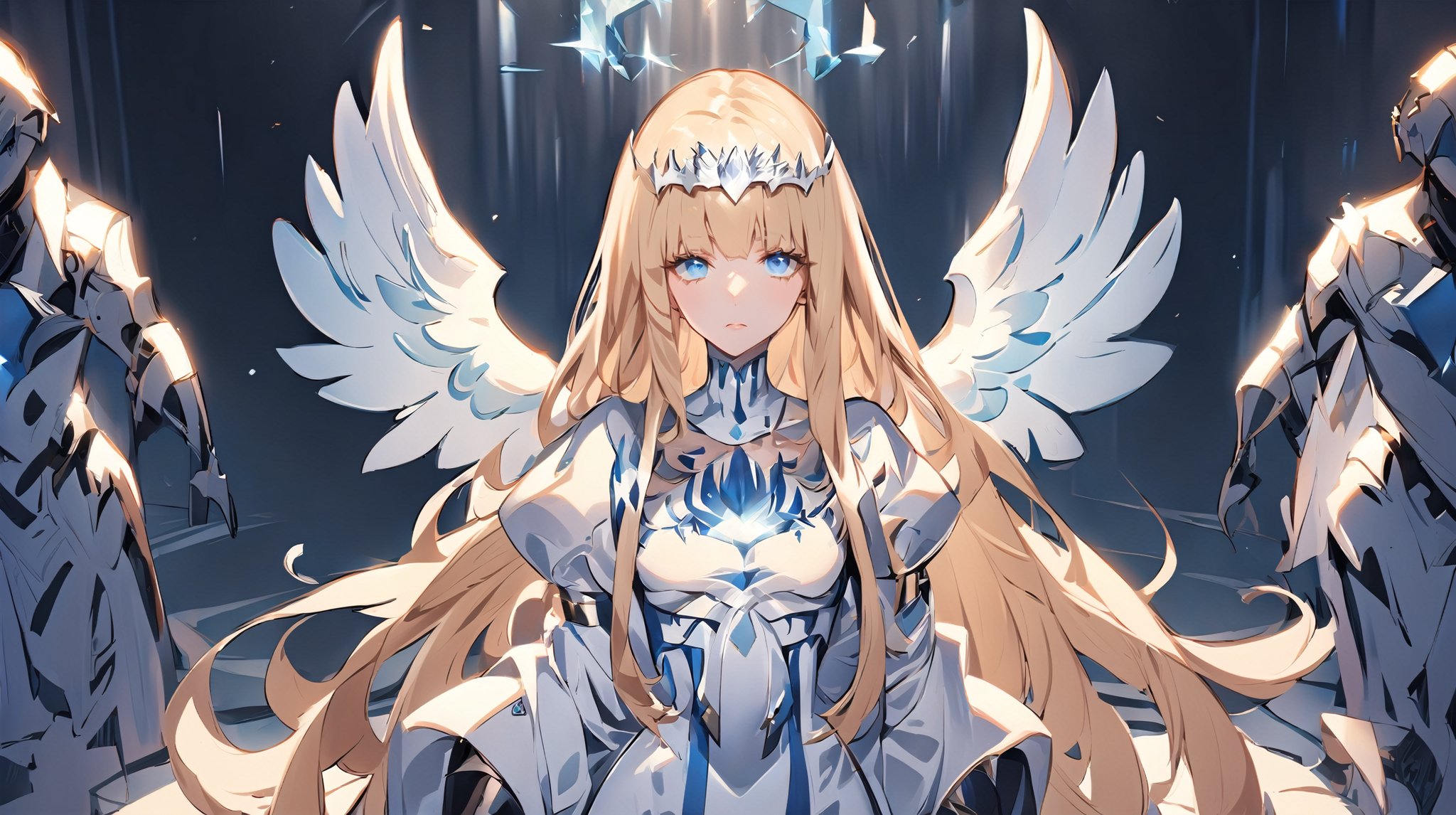 [[[1girl:0.7]]], angel wing, [[light eyes]], Blue crystal, Blue color ,,, solo, Calca, Calca Bessarez, blonde hair, extremely long hair, very long hair, white tiara, white dress, blue eyes, medium chest