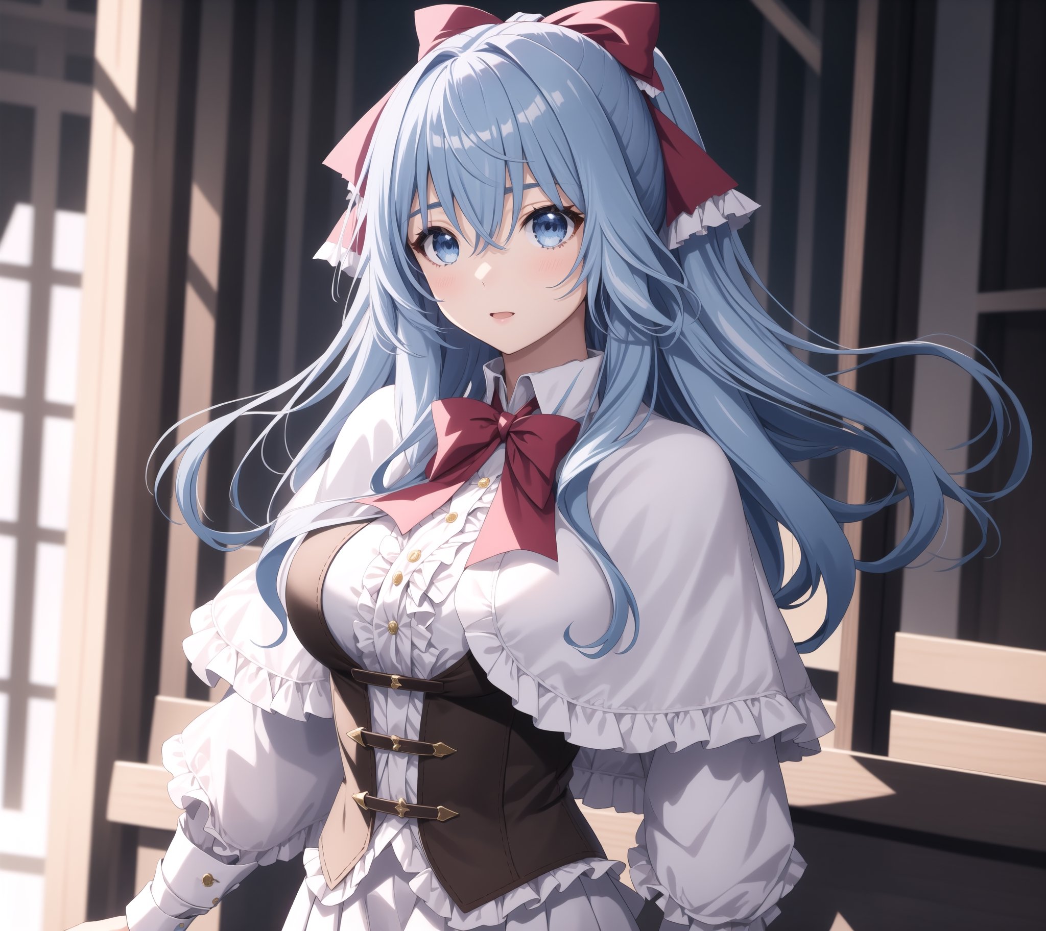 masterpiece, best quality, 1girl, solo, liselottecretia, long hair, blue hair, blue eyes, bangs, hair between eyes, hair ribbon, white shirt, red bowtie, frills, brown vest, capelet, skirt, ,liselottecretia, big_breast