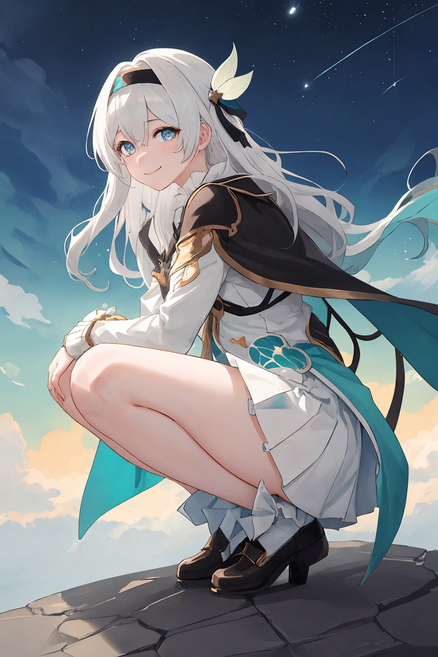 best quality, masterpiece, highres, ,firefly \(honkai: star rail\), 1girl, solo, long hair, smile, blue eyes, closed mouth, looking at viewer, outdoors, bangs, long sleeves, hair ornament, hairband, hair between eyes, cloudy sky, turquoise cape, blue sky, star \(sky\), night sky, white hair, full body, white shirt,  viewed from front , flowing white skirt, revealing thighs, leaning_back, squatting , very low camera angle shot, low-angle_shot, white panties , leg_spread