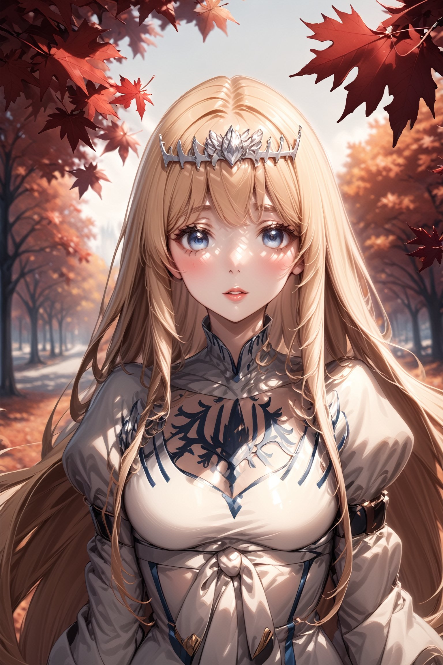 1girl, solo, looking at the viewer, blush, upper body, parted lips, shiny, lips, leaf, autumn leaves, maple leaf, autumn, Calca, Calca Bessarez, blonde hair, (extremely long hair:1.3), very long hair, white tiara, white dress, blue eyes, medium chest,DonM3l3m3nt4lXL,extremely long hair