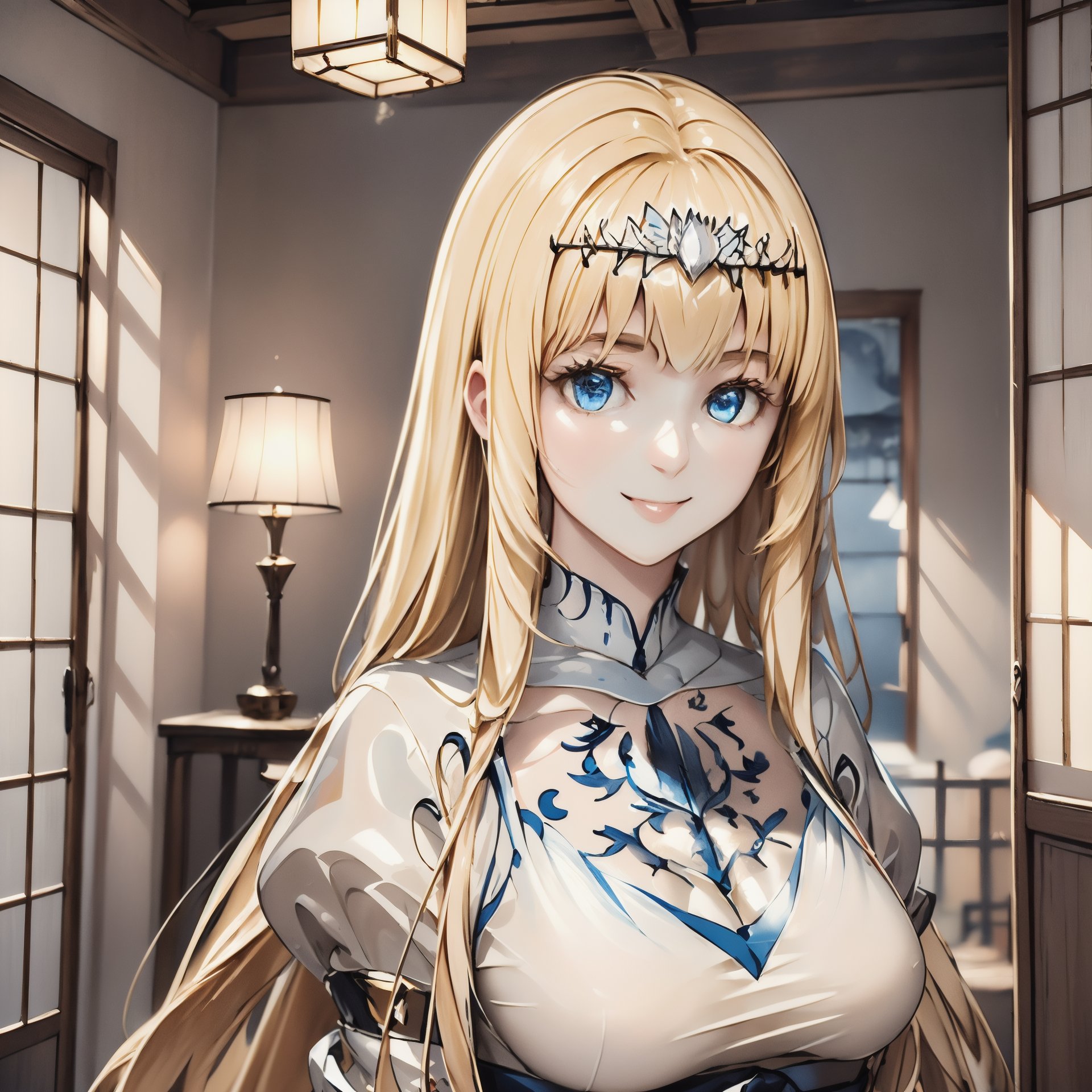 masterpiece, 8k, RAW, photo-realistic, (25year old japan girl), ,  light smile, smooth soft pale skin, indoor, luxurious room, victorian gothic style, solo, Calca, ,blonde hair, , medium chest, extremely long hair, very long hair, extra long hair, white tiara, white dress, blue eyes,