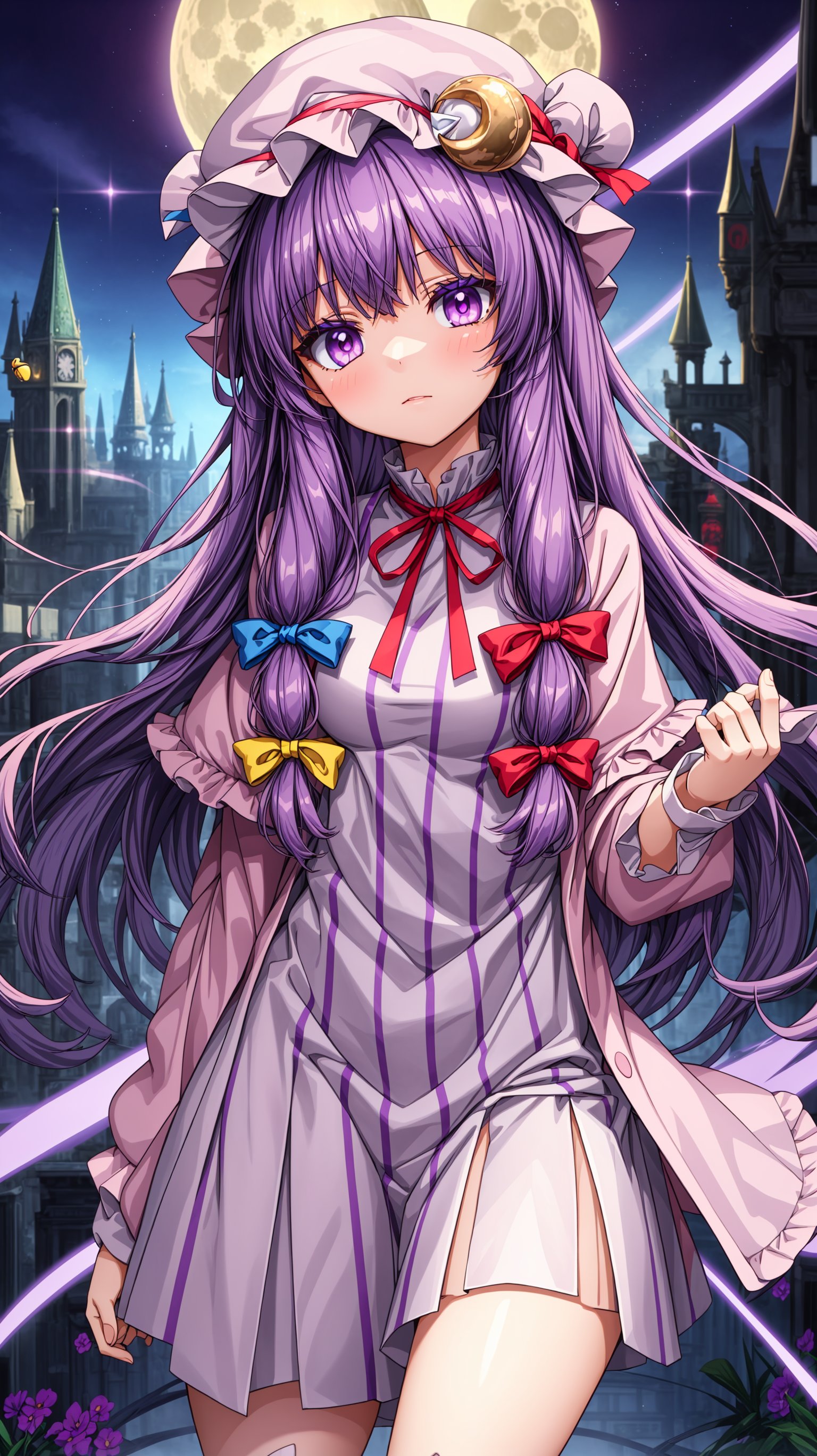 masterpiece, best quality, Dreamwave, aesthetic, 1girl, ,,,(magic:1.25),patchouli_knowledge, 1girl, solo, light purple dress, yellow moon as a hair ornament, light purple hat, blue and red ribbons, long sleeve, purple hair, (long sidelock:1.4), very long hair, purple eyes, , ,patchouli knowledge,