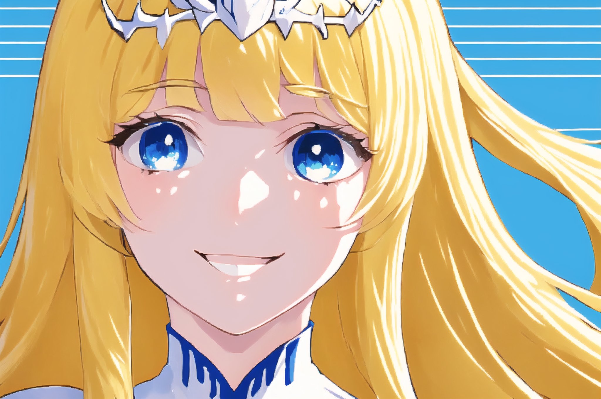 facial shot, bright eyes,, smiling, ,1girl, solo, Calca, Calca Bessarez, blonde hair, (extremely long hair:1.3), very long hair, white tiara, white dress, blue eyes, medium chest, medium breast, yellow hair color