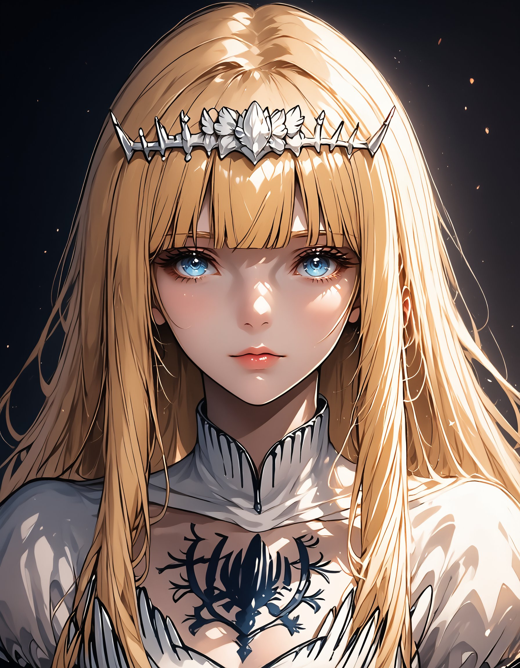 A captivating full-body portrait of a stunning 25-year-old Anime girl, Standing in a dark theme setting with muted colors and high contrast, (perfectly rendered), captures every detail in hyperrealism, with soft light and sharp focus, emphasizing the natural skin texture, 1girl, solo, Calca, Calca Bessarez, blonde hair, (extremely long hair:1.3), very long hair, white tiara, white dress, blue eyes, medium chest,