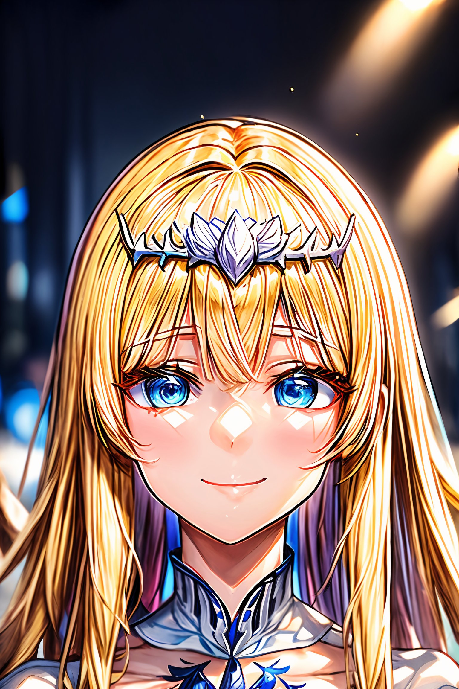 (8k,masterpiece, best quality, highres),  smile,(closed mouth:1.2) ,delicated eyes, delicated face,,focus,portrait,  1girl, solo, Calca, Calca Bessarez, blonde hair, (extremely long hair:1.3), very long hair, white tiara, white dress, blue eyes, medium chest, medium breast, yellow hair color