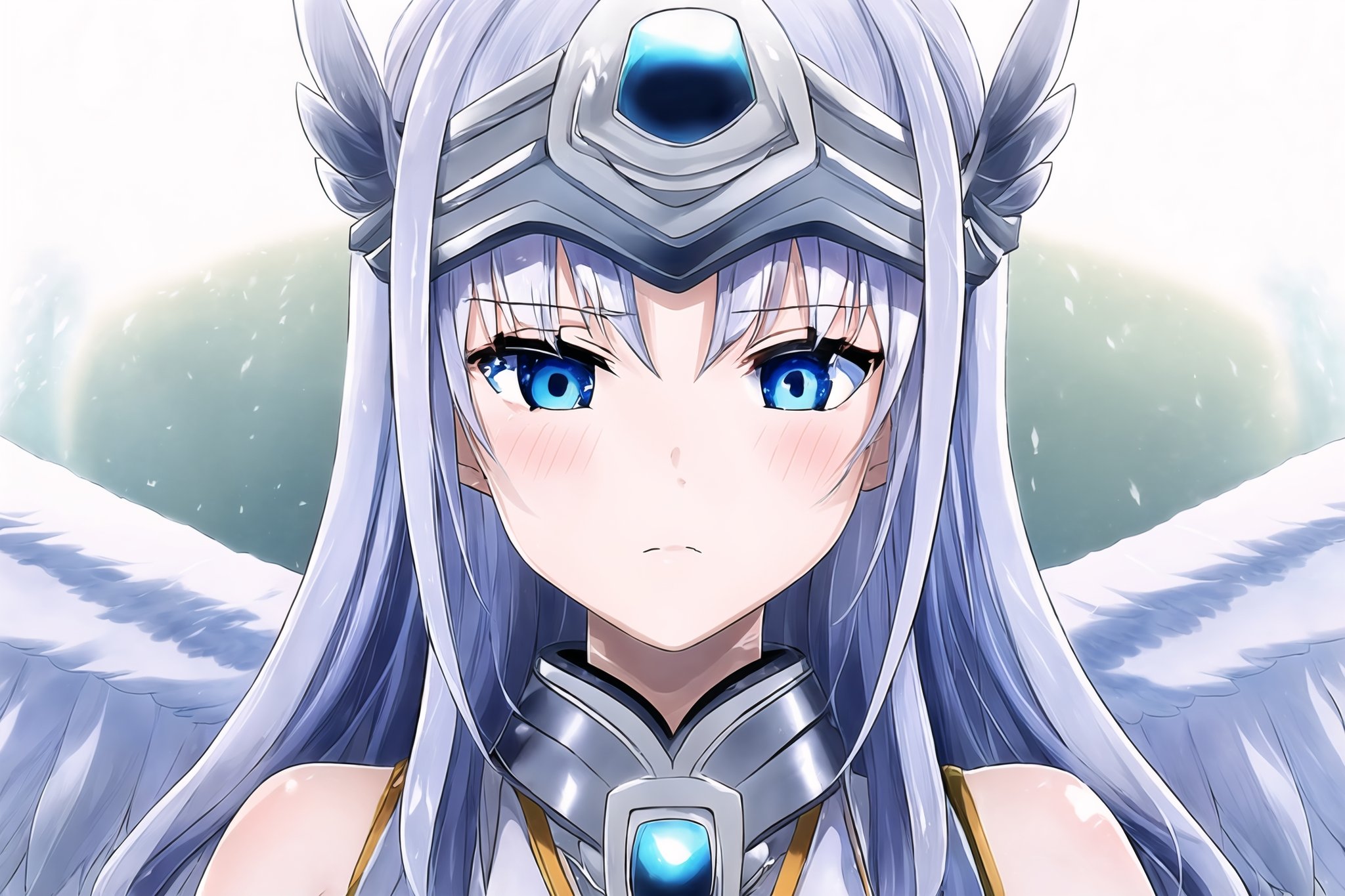 1angel, solo, blue eyes,, closed mouth, female focus, , portrait, extremely long hair, silver hair, straight hair, light blue eyes, large white wing, feather Wings, hair ornament, silver hair band, off-shoulder, serious face, hand armors, silver neck armor,Noint