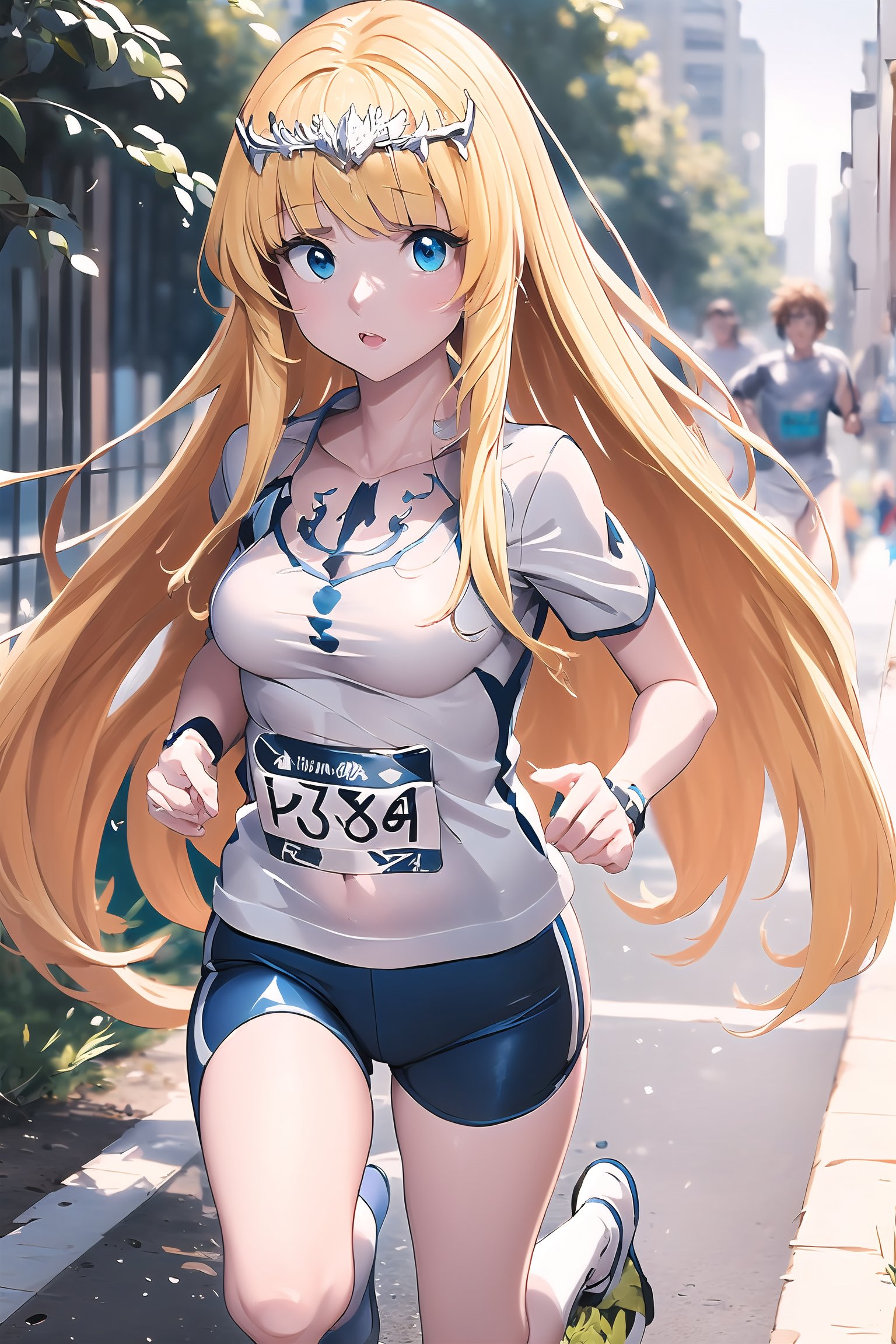 (anime:1.3),jogging, ,(running:1.5),white blue T-shirt,   1girl, solo, Calca, Calca Bessarez, blonde hair, (extremely long hair:1.5), very long hair, white tiara, blue eyes, medium chest, extremely long hair, blunt_bangs, bangs