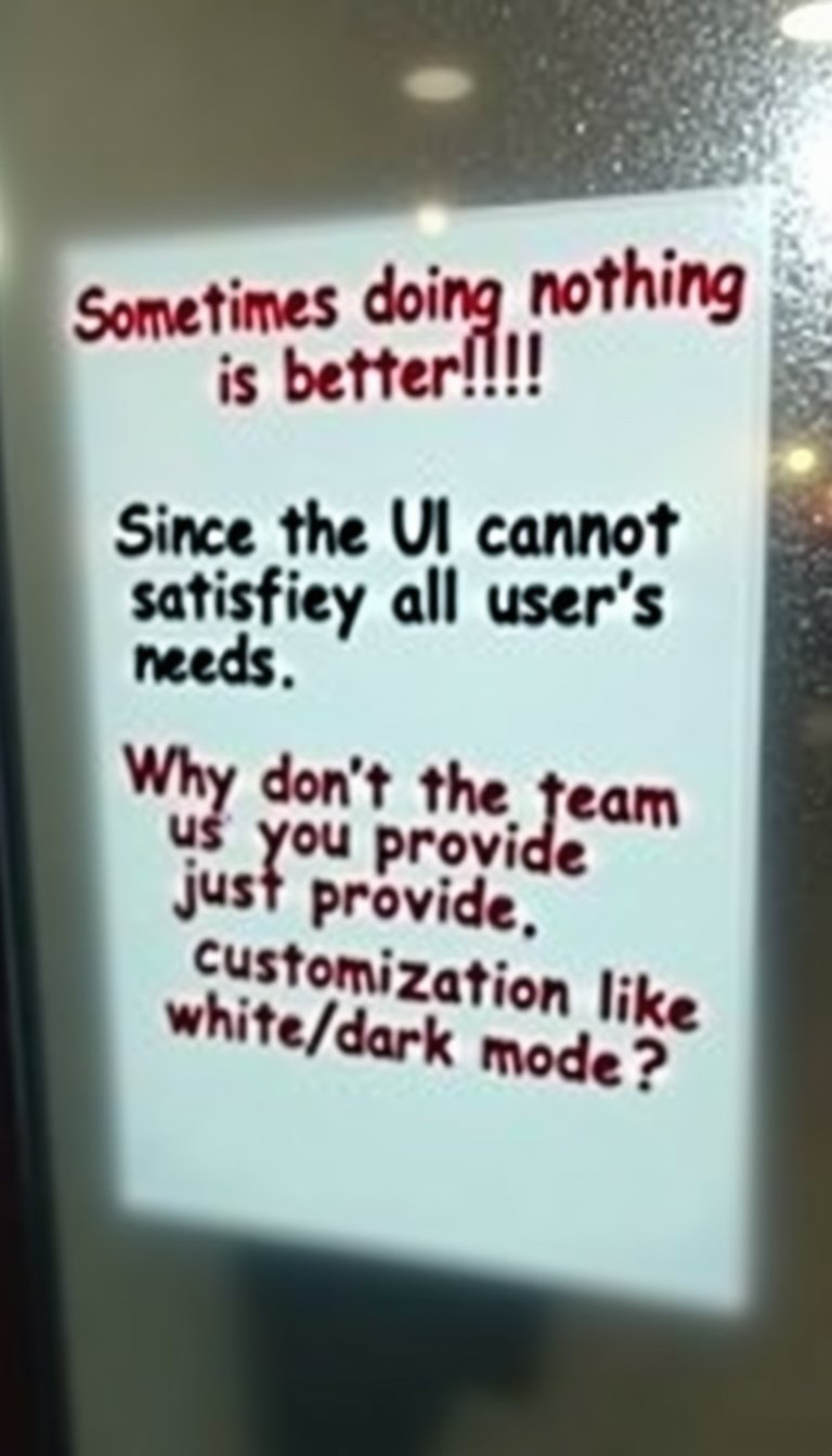 You can see the signboard behind the blurred frosted glass. A little above the center of the sign, in somewhat large red letters, it says "Sometimes doing nothing is better!!!",
Below that, in black letters, it says "Since the UI cannot satisfy all user's needs,"
Below that, in even more red letters, it says "Why don't the team just provide customization like white/dark mode?"