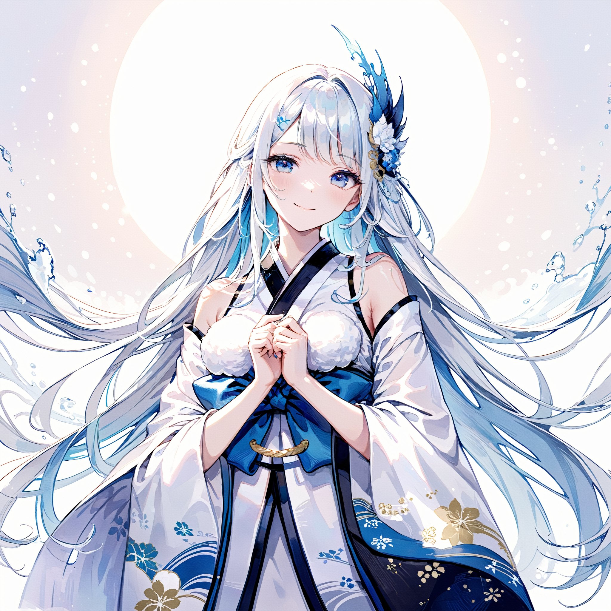  , highly detailed eyes, , cinematic image,b soft light, perfect eyes, smile,
detailed cloth texture, detailed hair, masterpiece, top quality, aesthetic, 8K, 16K, ultra Realistic, 
more detail XL, gentle smile, ,,Yuki Onna,  1girl, solo, japanese kimono, bare shoulder, light blue hair, extremely long hair, blue eyes, hair ornament, blue ribbon, blue earring, medium breasts