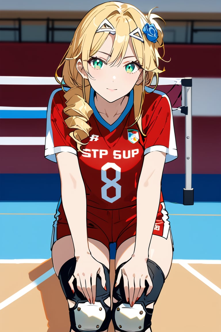 Masterpiece, Top Quality, Aesthetic, Score 9 Up, Score 8 Up, Score 7 Up, Score 6 Up, Sitting, Ball, white blue red Sportswear, Knee Pads, Elbow Pads, Hands on Own Knees, Volleyball, Volleyball Uniform, Jersey,flat style, green eyes, long drill_hair, extremely long drill_hair, blonde hair, blue rose hair ornament, 25 year old, mature female