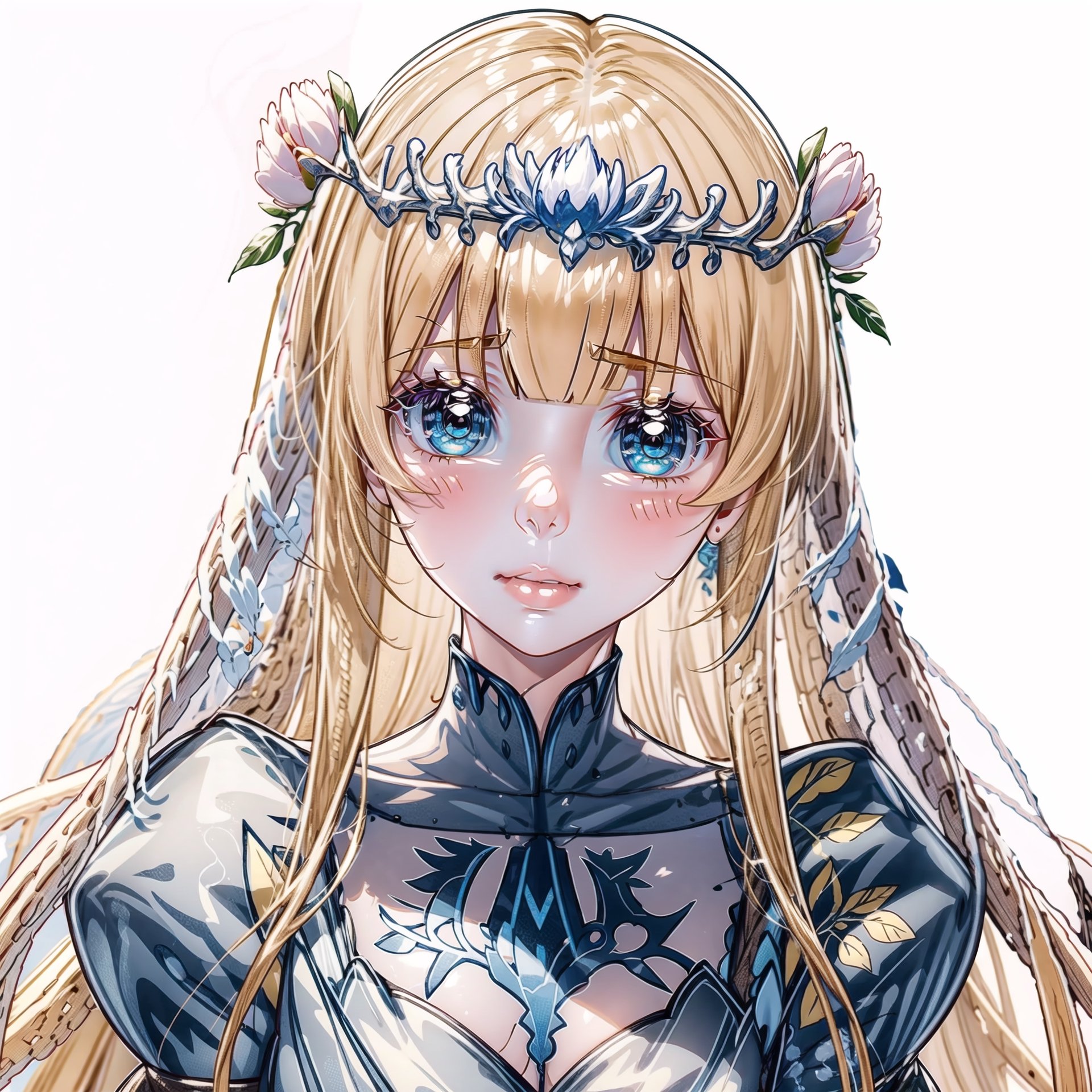 1girl, solo, looking at the viewer, blush, simple background, white background, upper body,flower,  , , virtual YouTuber, floral print, Calca, blonde hair, , medium chest, extremely long hair, very long hair, extra long hair, white tiara, white dress, detailed eyes, blue eyes