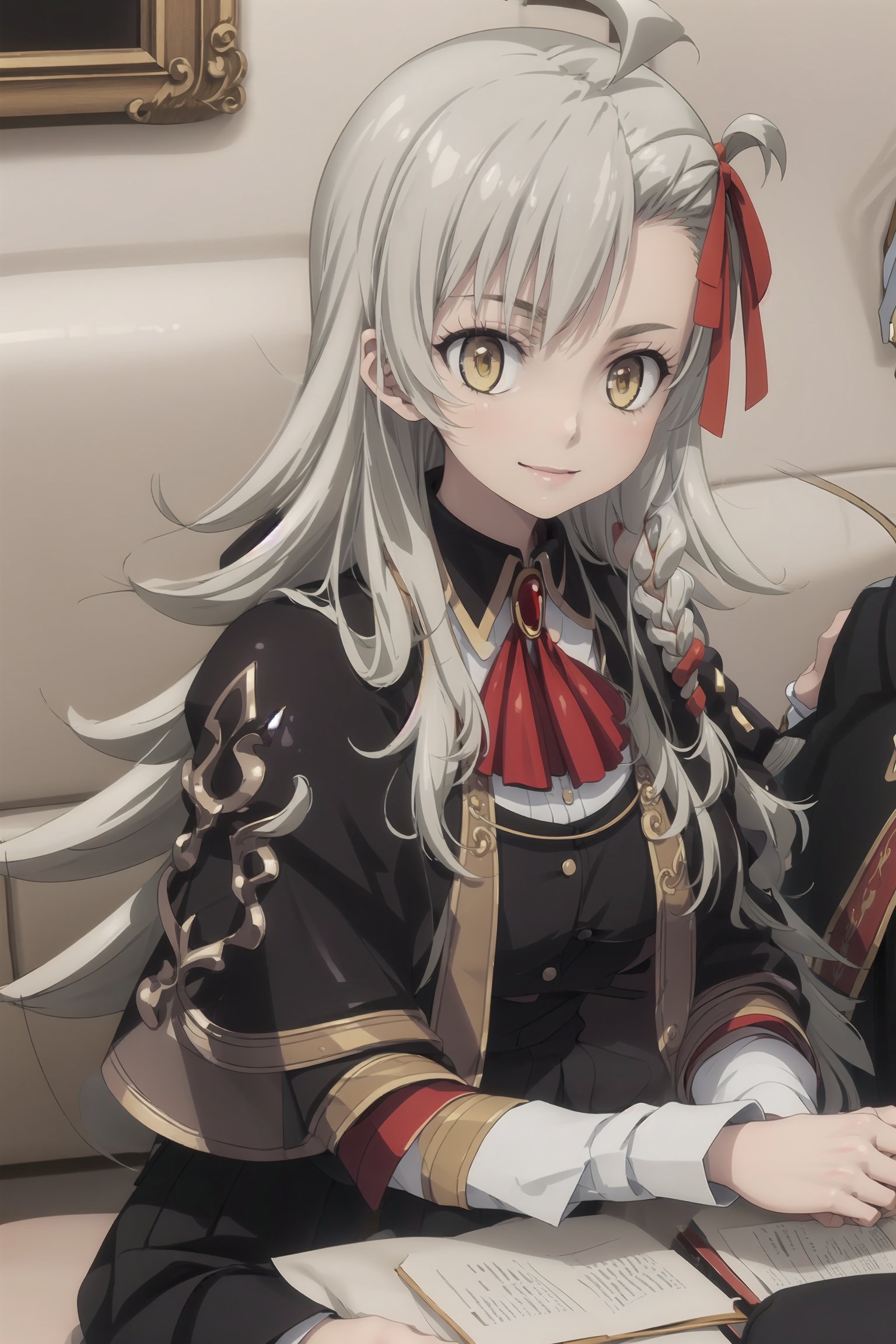 best quality, (masterpiece:1.2), detailed, (1girl,:1.3) solo, closed mouth, light smile,grey hair, yellow eyes, long hair, ahoge,  side braid, hair ribbon, black dress, black skirt, brooch, red ascot, capelet, white sleeves, black pantyhose,sitting, couch, looking at the viewer, indoors, close up, upper body, mature female, 25 years old, medium breast