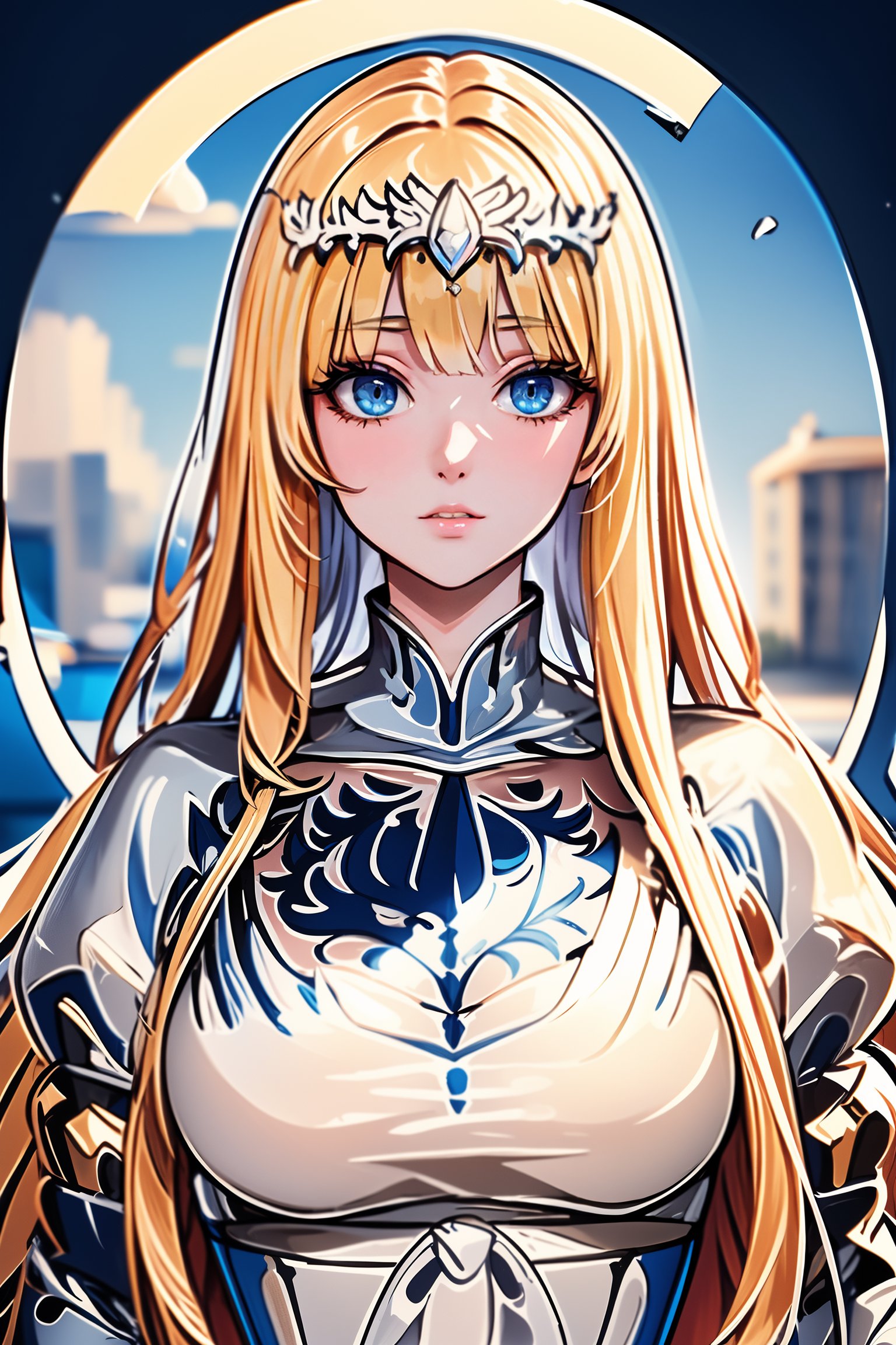 ,((ultra-fine HDR)),calligraphy,extremely delicated and beautiful,8K,  1girl, solo, Calca, Calca Bessarez, blonde hair, (extremely long hair:1.3), very long hair, white tiara, white dress, blue eyes, medium chest, extremely long hair,medium breast