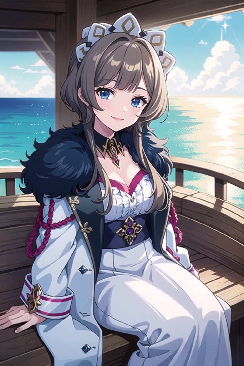 (best quality, best quality: 1.3), (sharp quality), perfect beautiful woman: 1.5, ong est smile, beautiful view, overlooking the sea from a height, observatory, blue sea, day sea, big ocean,  medium breast, blue eyes, sandrone, 1girl, hair ornament 