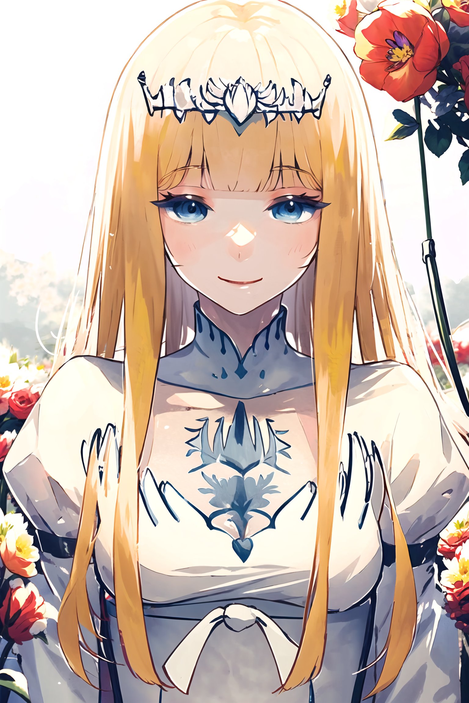 Hanahaki disease. smiling, flowers, red flowers,  1girl, solo, Calca, Calca Bessarez, blonde hair, (extremely long hair:1.4), very long hair, white tiara, white dress, blue eyes, medium chest, medium breast