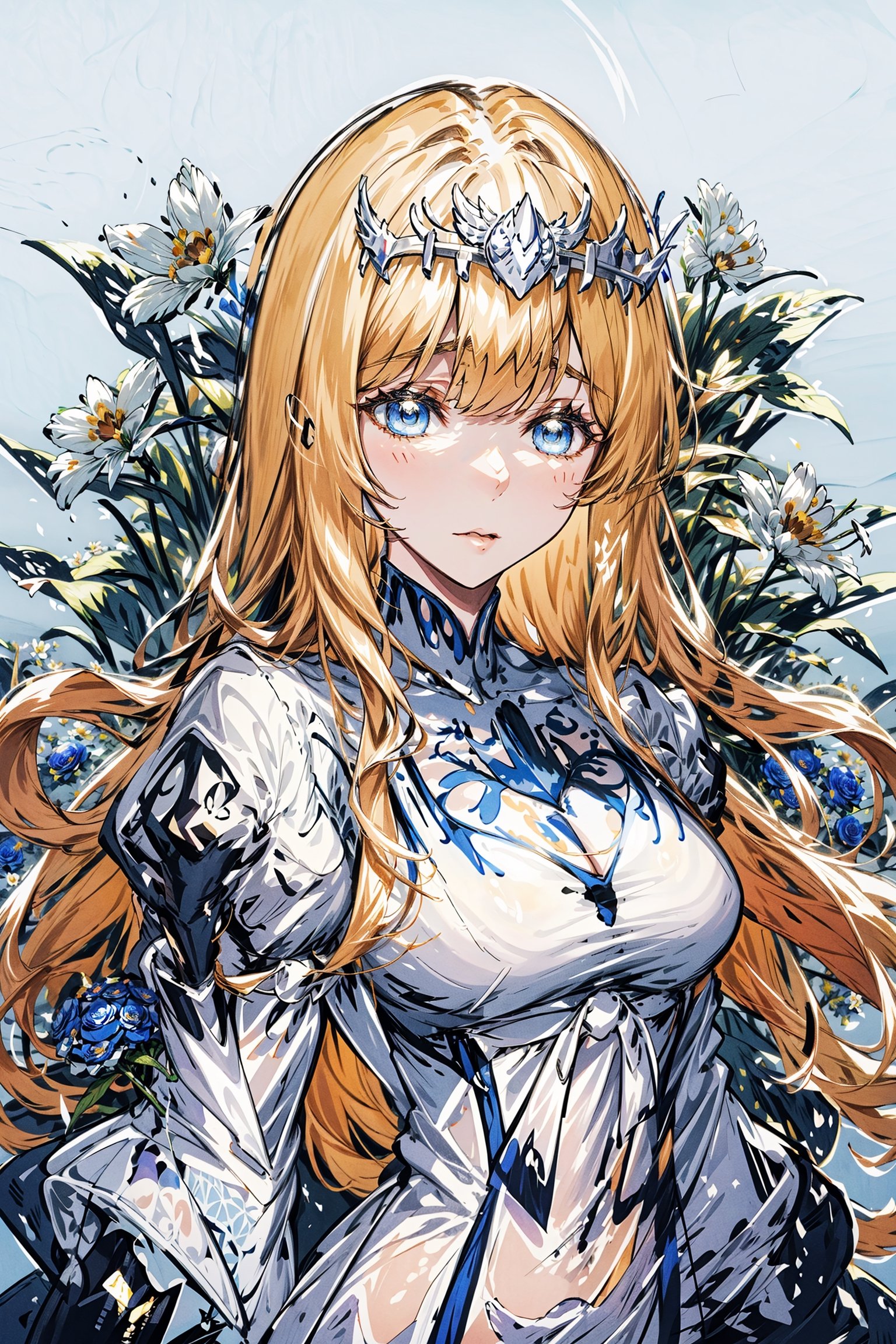 masterpiece, best quality, 1girl, flowers, flat color, lineart, abstract, ornate, blue theme,skindentation,mature female,milf,flower background,AGGA_ST038,  1girl, Calca, blonde hair, extremely long hair, white tiara, white dress, blue eyes, medium breasts, upper body