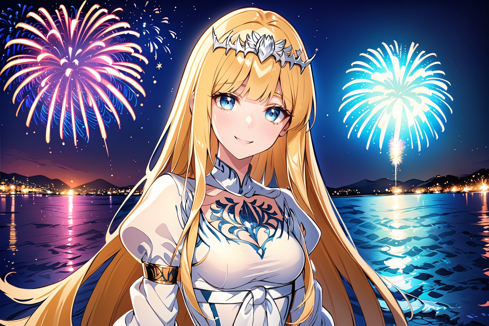 Generate hyper realistic image of a beautiful  celtic girl looking directly at the viewer.  ,light blue eyes, Sweet face and gaze, night time, firework background celebrated 1st anniversary, (intricate details), highly detailed, vibrant, production film, ultra high quality photography style, Extremely Realistic,anime,  1girl, solo, Calca, Calca Bessarez, blonde hair, extremely long hair, very long hair, white tiara, white dress, blue eyes, medium chest, smile, happy, mouth_open