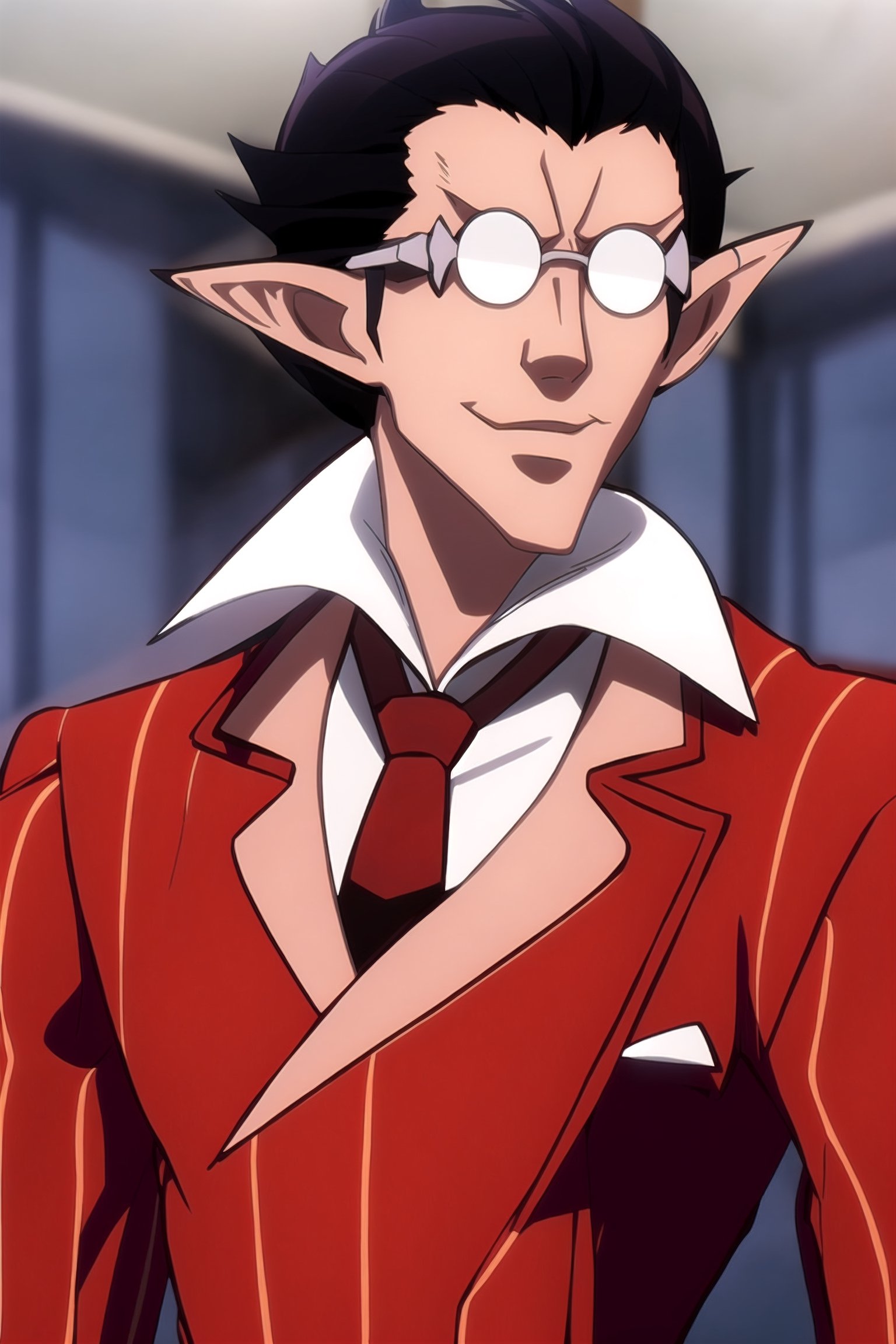 best quality,  masterpiece,  red suit,  red trouser,  red Necktie,  Silver Round Glasses,  short hair,  pointy ears,  black hair,  Diamond Eyes,  long metal tail,  black gloves,  demiurge,,