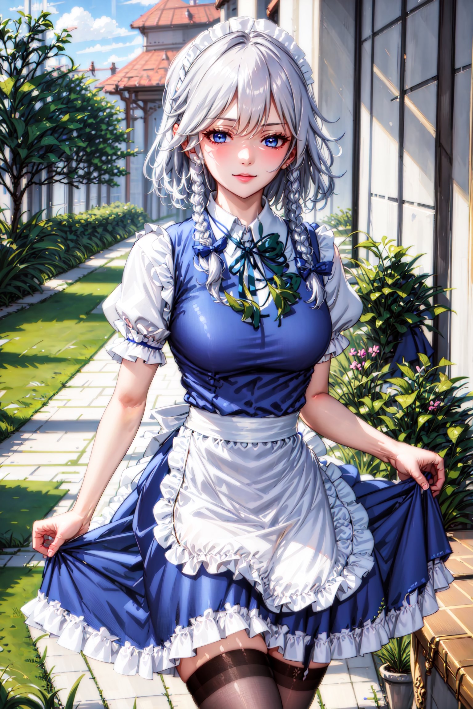 Pretty and charming girl. She wears a very elegant maid oufit ,  Hyperdetailing masterpiece, hyperdetailing skin, masterpiece quality, with 4k resolution. Charming smile, . Mansion corridor in background. She belongs to the nobility. . tender and charming.  ,izayoi_sakuya_touhou, serious face, unfriendly girl, sexy pose, beautiful thigh, silver hair, maid dress, white apron, very short skirt, sexy pose, , sleeveless outfit, detailed face, detailed eyes, fresh blue eyes, big green ribbons, blue outfit, small-to-medium breasts,braid