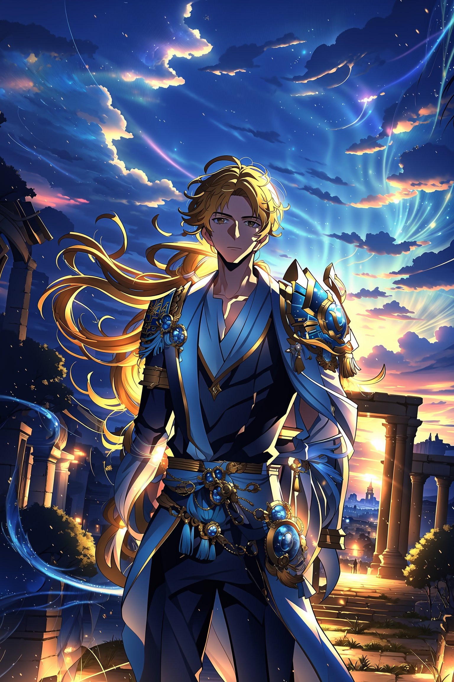 badass and slender boy. His eyes glow quite brightly.  Hyperdetailing masterpiece, hyperdetailing skin, masterpiece quality, with 9k resolution.  Masculine appearance, neat, well-groomed. detailed face. Ancient ruins in the background. heaven background, sky,Hyouka, 1male, blonde hair, brown eyes, one-sided braid, long hair, armor,