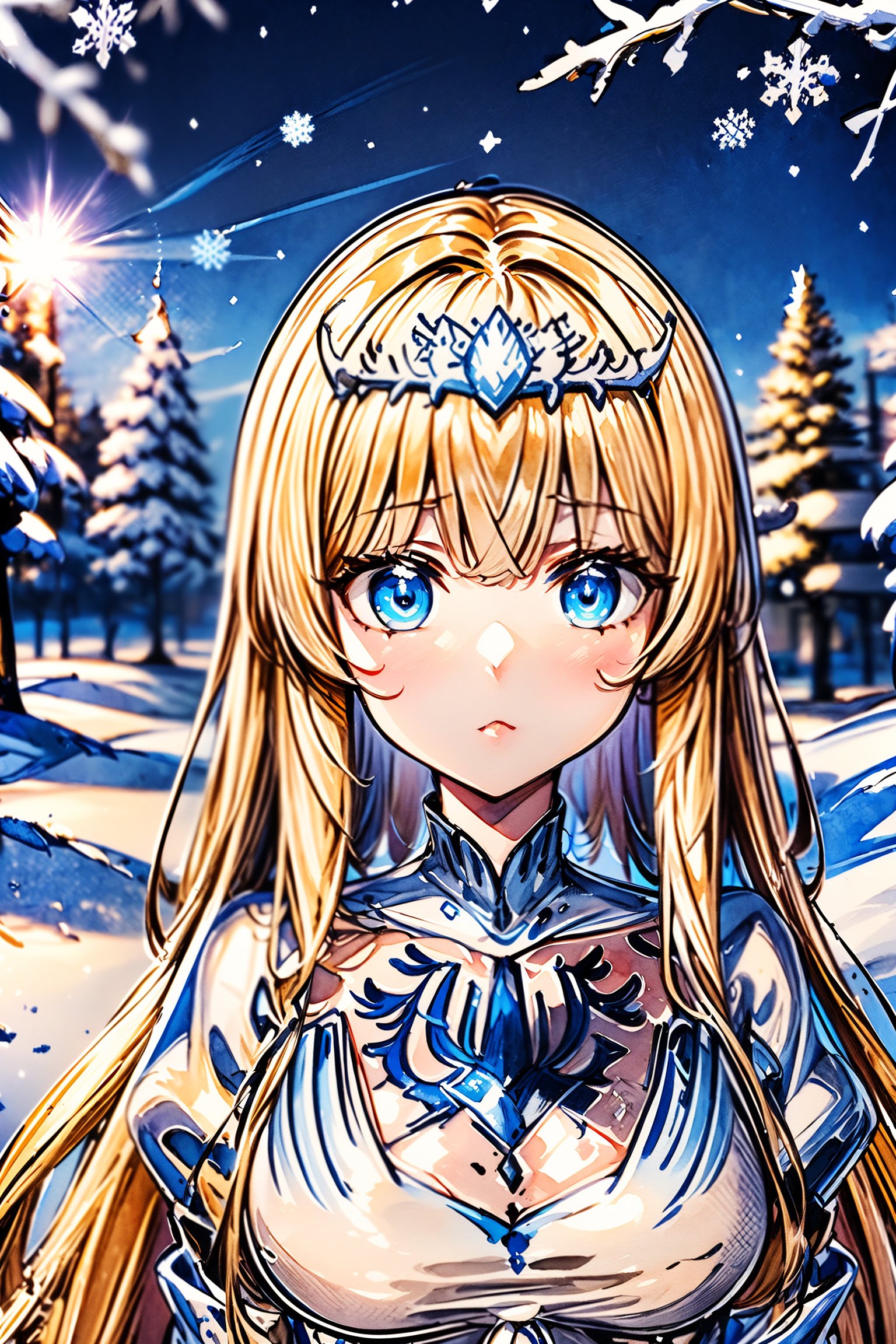 ((((ink))),((watercolor)),world masterpiece theater, ((best quality)),depth of field,((illustration)),anime ,,beautiful detailed sky,looking_at_viewers,,very_close_to_viewers,,,focus_on_face,,upper_body,,lens_flare,light_leaks,,detailed_beautiful_Snow Forest_with_Trees, ((Snowflakes)),floating sand flow,navel,(beautiful detailed eyes), (8k_wallpaper),  1girl, solo, calca, blonde hair, medium chest, (extremely long hair:1.3), very long hair, extra long hair, white tiara, white dress, blue eyes,Calca Bessarez,medium breast,Calca