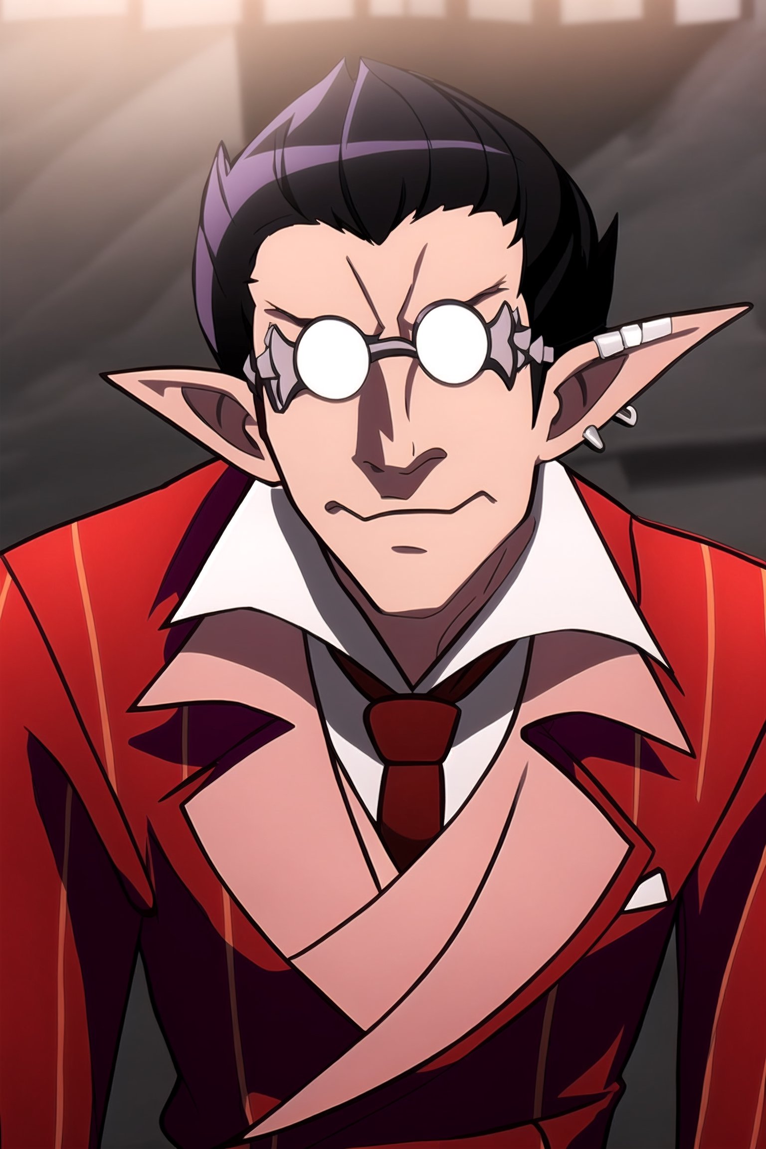 best quality,  masterpiece,  red suit,  red trouser,  red Necktie,  Silver Round Glasses,  short hair,  pointy ears,  black hair,  Diamond Eyes,  long metal tail,  black gloves,  demiurge,, equal size ears