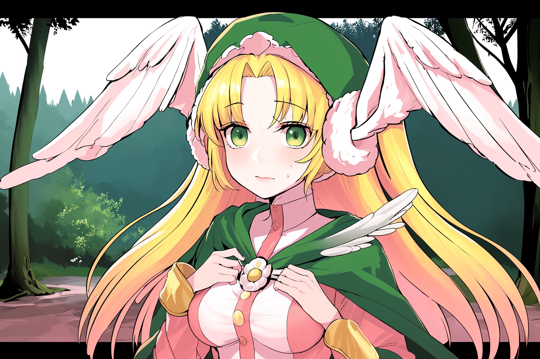 masterpiece, best quality, 1girl, flowers, forest ,  medium chest, Divine Chant, 4th Seat of the Black Scripture, blonde hair, green eye, (pink dress:1.2), green hood, very long hair, 1girl, solo, angelwing-shaped earmuffs