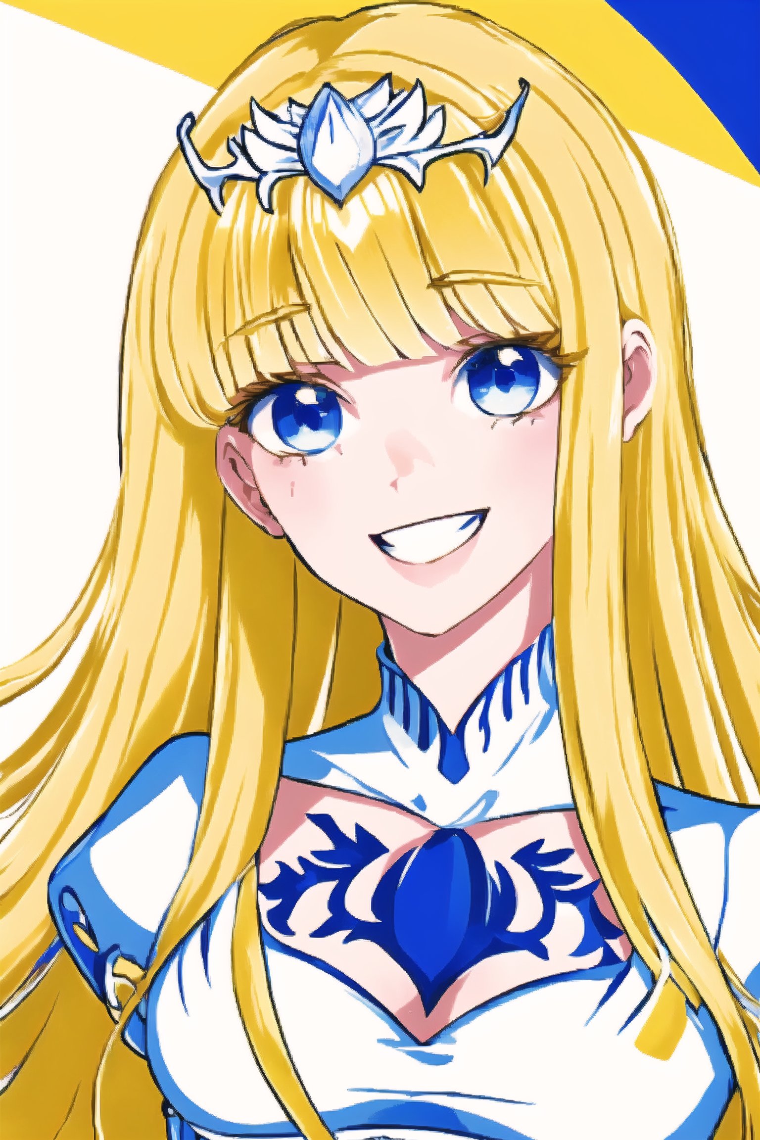 facial shot, bright eyes,, smiling, ,1girl, solo, Calca, Calca Bessarez, blonde hair, (extremely long hair:1.3), very long hair, white tiara, white dress, blue eyes, medium chest, medium breast, yellow hair color