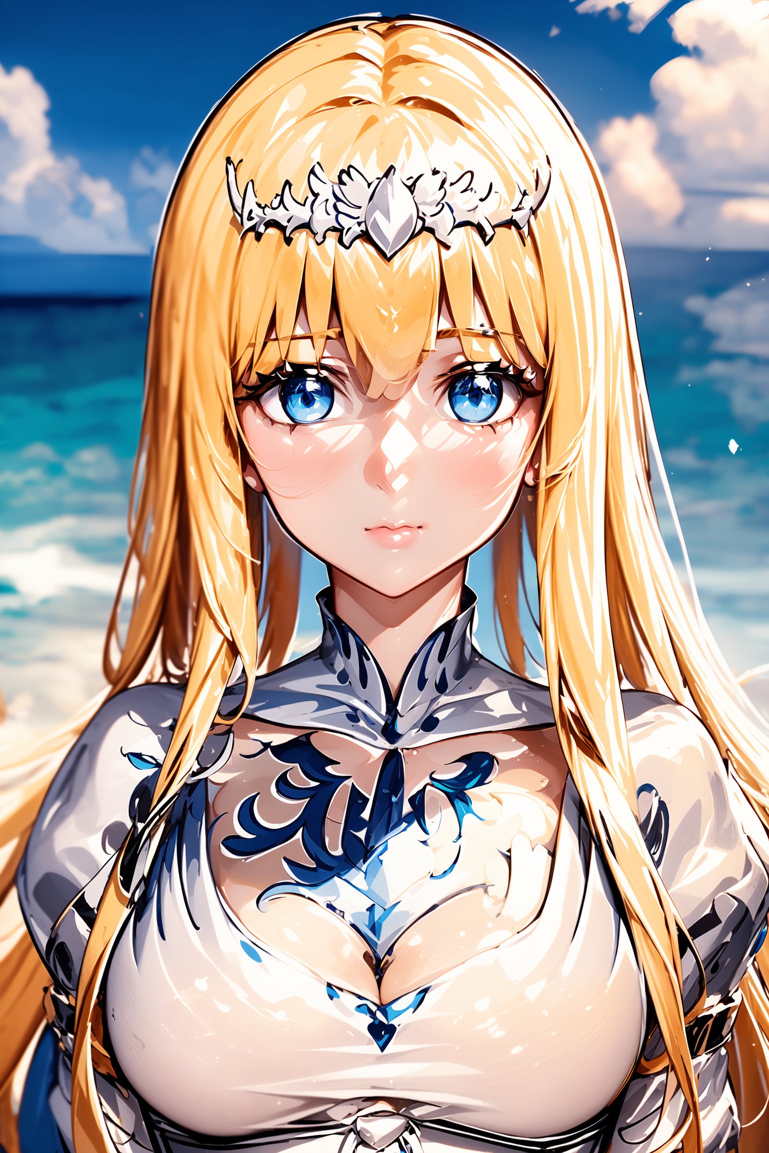 1girl, masterpiece, best quality, blue sky, looking at the viewer, soft smile, close view, solo, Calca, blonde hair, medium chest, extremely long hair, very long hair, extra long hair, white tiara, white dress, blue eyes, close up, upper body
