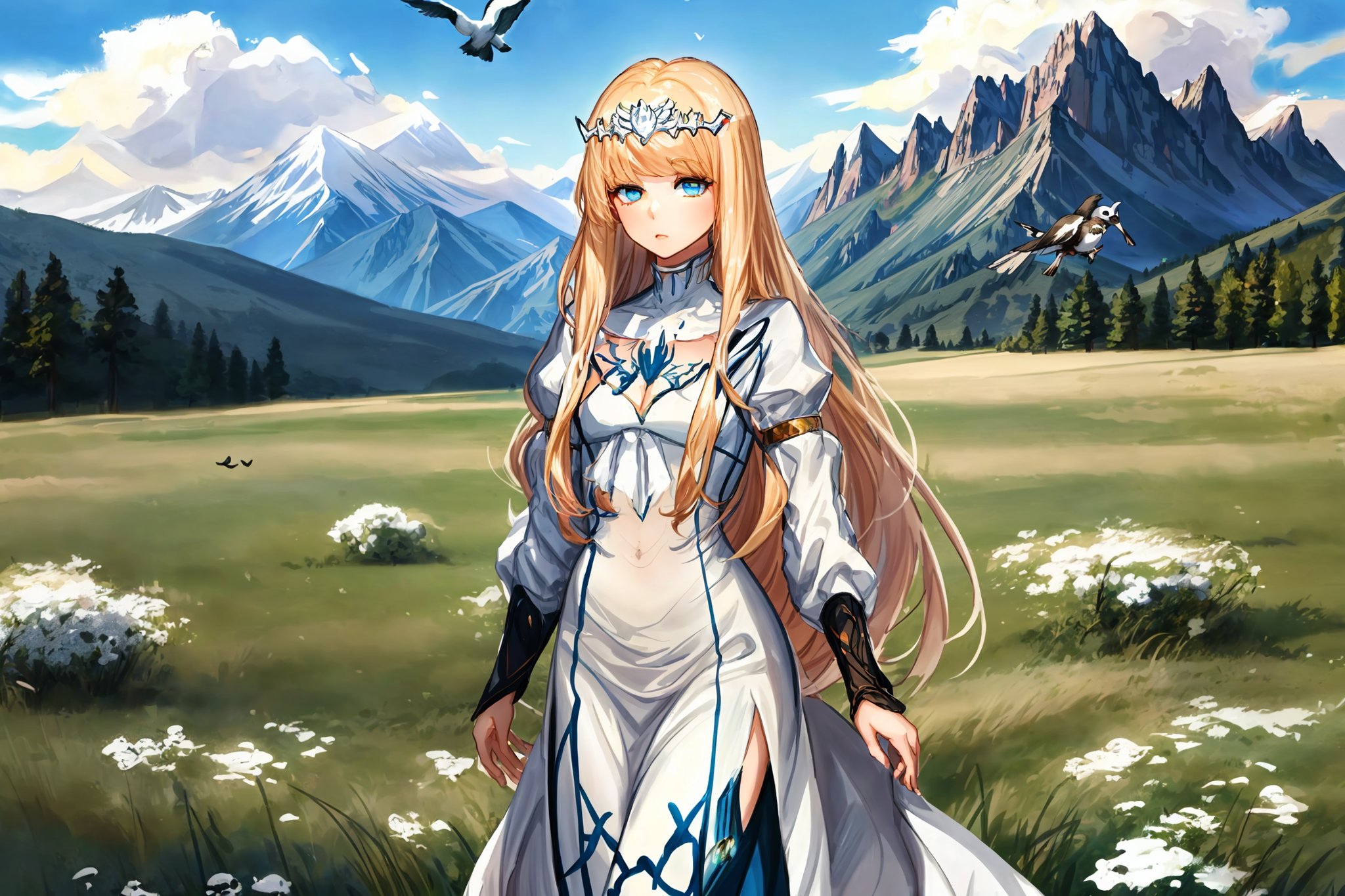 goddess,delicate elegant ,.nature,mountain,small birds,best quality,high beautiful,super fine illustration,  1girl, solo, Calca, Calca Bessarez, blonde hair, (extremely long hair:1.3), very long hair, white tiara, white dress, blue eyes, medium chest, extremely long hair,,