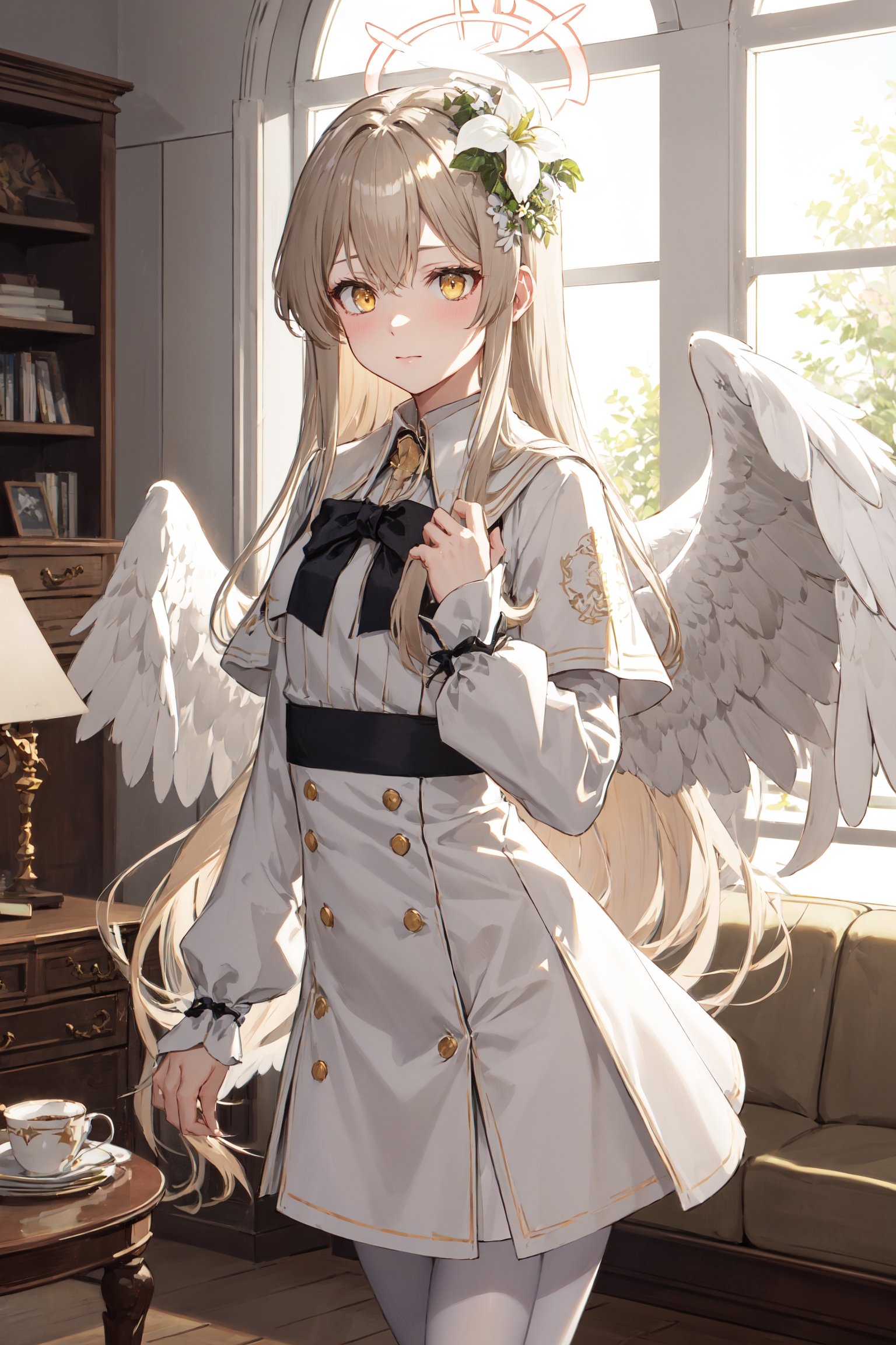  best quality, highres, , halo, long hair, hair flower, angel wings, white wings, low wings, angel wings, , , black bow, , white dress, long sleeve, pantyhose, , , cowboy shot, capelet, ,, indoor, in luxurious room, living room, window, day light,nagisadef, dark yellow eyes, close up, face focus