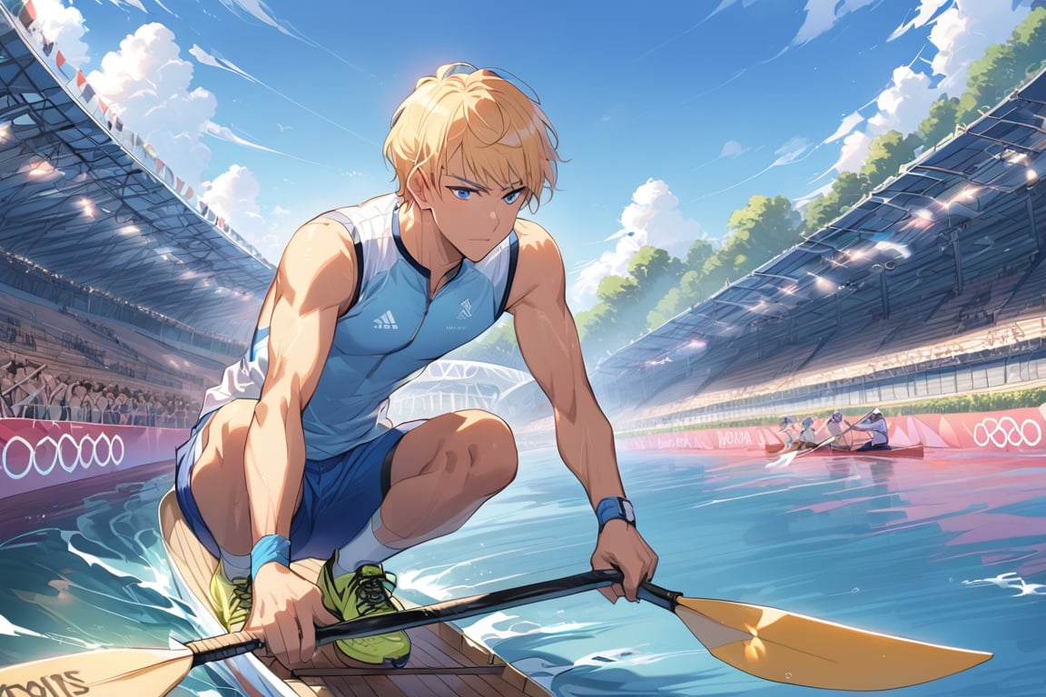 An Anime male rowing event at the OlympIcs,climb, blonde hair, short hair, blue eyes, light blue sport cloth, distance shot, river in Paris, 