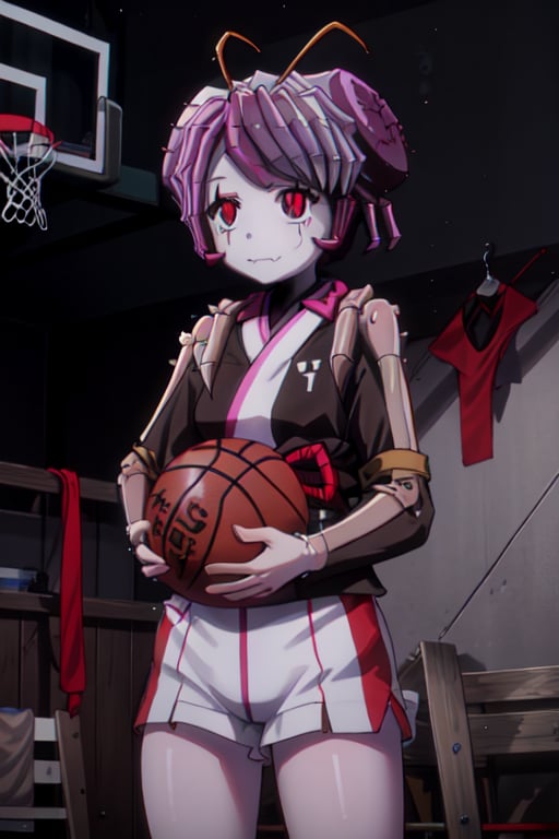 Masterpiece, highest quality, high brightness, 1 girl,  sportswear, baseketball, basketball match, ,, solo, entoma, skeleton hands, bone hands, hone arms , long sleeve, silver hands, entoma vasilissa zeta, white skin, silver skin , bone skin, bone hand, bone arm