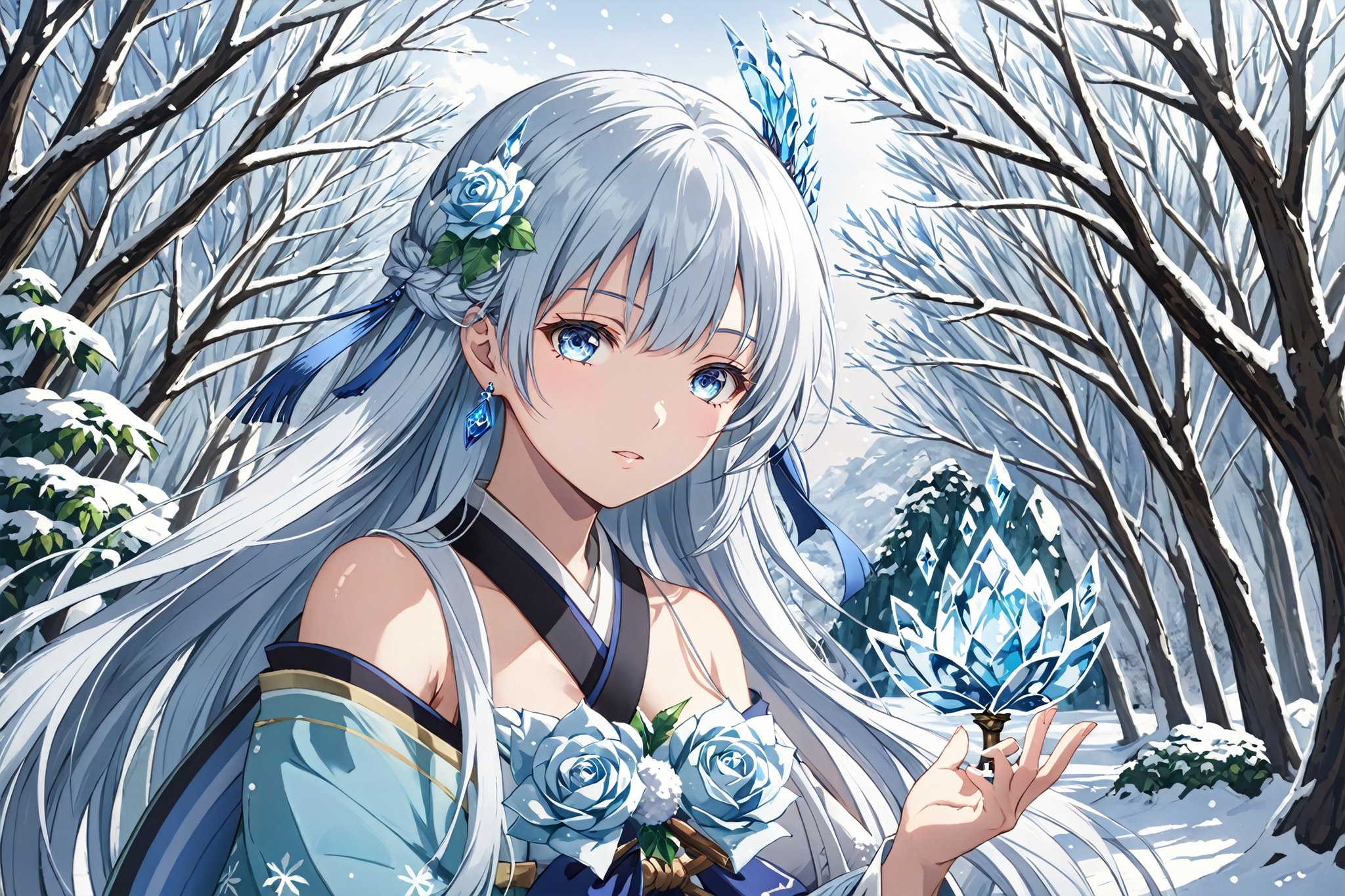 looking at the viewer, upper body, female focus, outdoors, day,  winter, ice tree, blizzard, ice magic, ice rose, luminous ice,,  1girl, solo, ,Yuki Onna, 1girl, Japanese kimono, bare shoulder, light blue hair, extremely long hair, blue eyes, hair ornament, blue ribbon, blue earring, medium breast