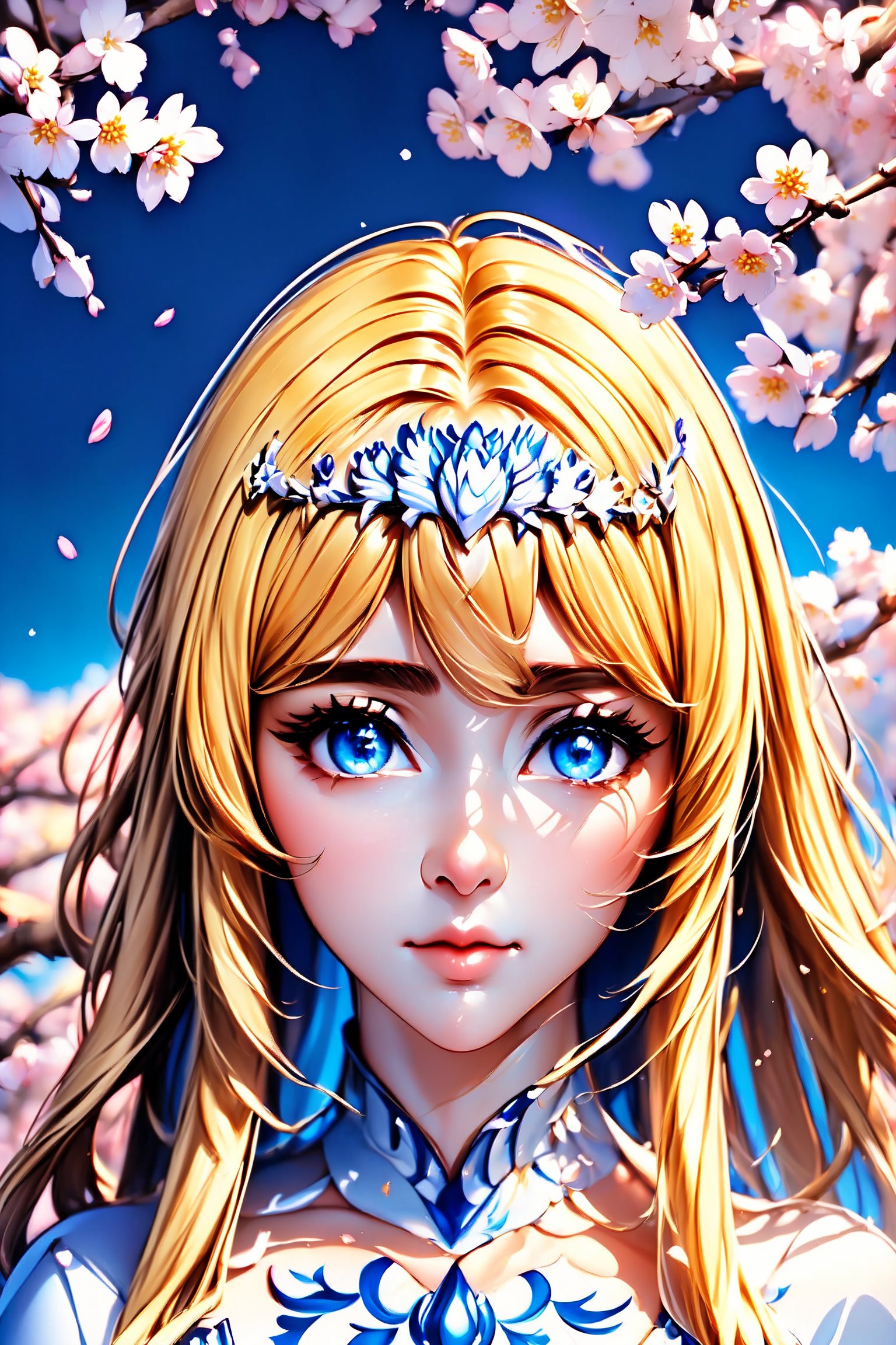 ((masterpiece: 1.2)), beautiful and aesthetic girl,  extreme detailed, highest detailed image, ((detailed eyes)), ((light particles)), cherry blossom, cherry blossoms., Illustration, 1girl, solo, Calca, Calca Bessarez, blonde hair, (extremely long hair:1.3), very long hair, white tiara, white dress, blue eyes, medium chest,extremely long hair