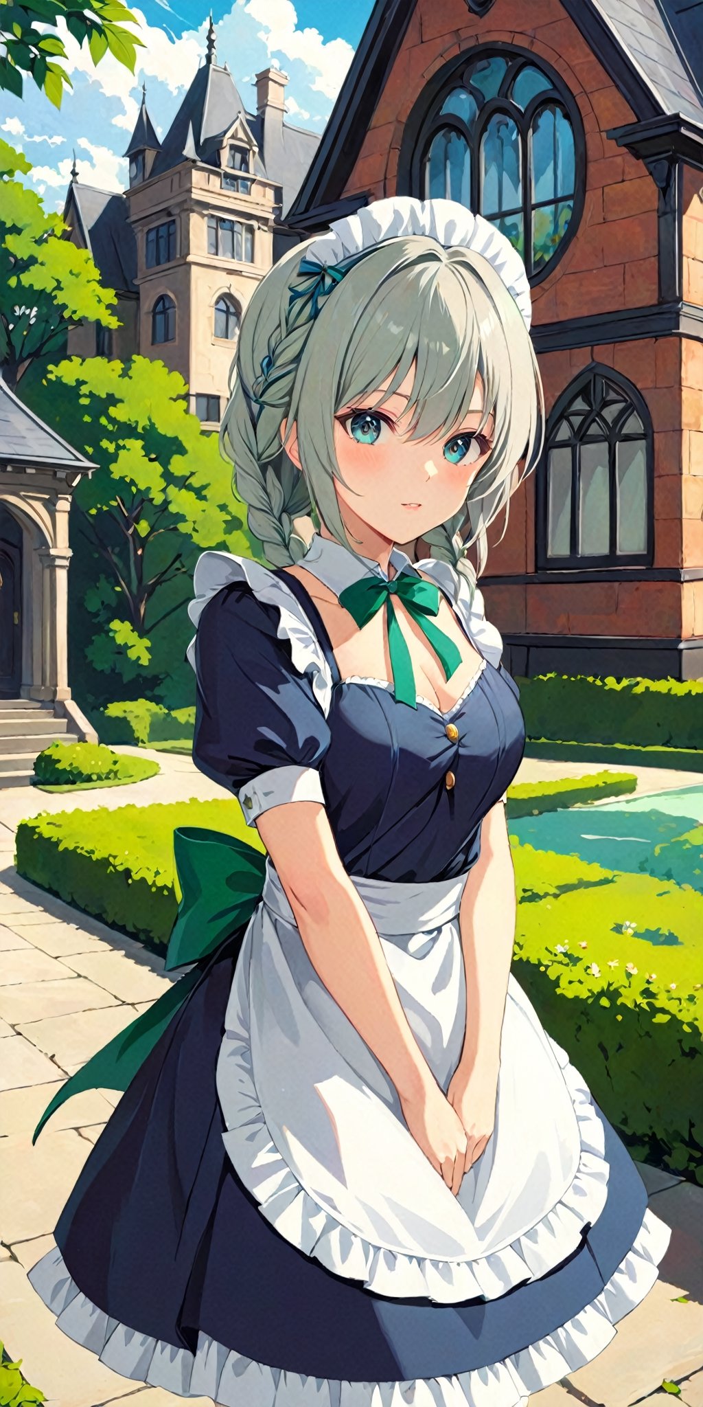 1girl, solo, looking at the viewer Victorian gothic mansion background, outdoor, beautiful scenery, Sakuya, , Sakuya Izayoi, blue maid outfit, white apron, white maid headband, silver hair, (two braided hair:1.6), short hair, blue eyes, blue eyes, (two green ribbons on her braided hair:1.5), green bowtie, Sakuya