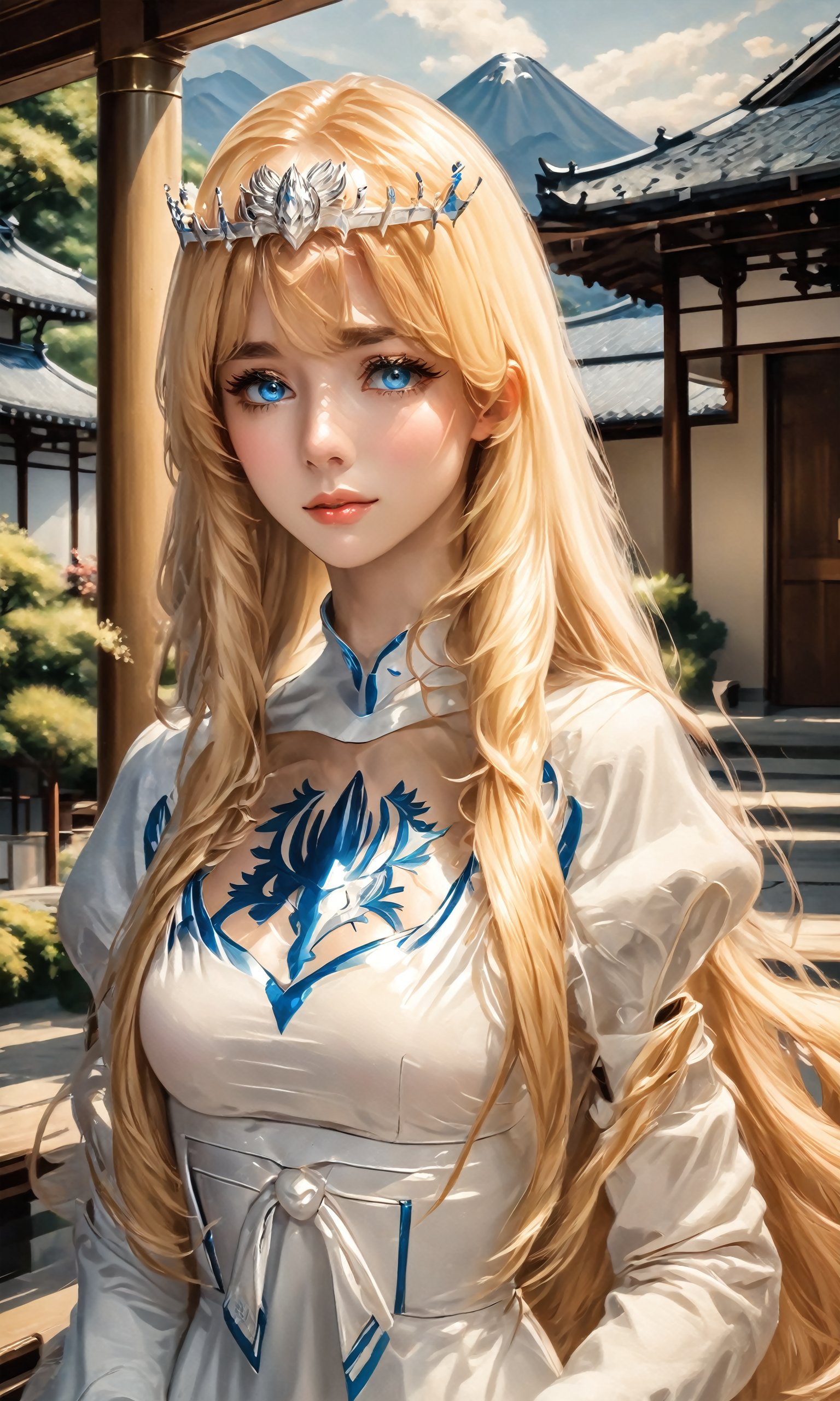 best quality, 4K, masterpiece, 8K, 1 girl, solo, alone, ultra quality, sfw, perfect hands, detailed, very detailed, perfect head, perfect light, perfect eyes, porch of the house, Japanese building, looking at the viewer, {sweat},  Calca, Calca Bessarez, blonde hair, (extremely long hair:1.5), very long hair, white tiara, white dress, blue eyes, extremely long hair, medium breast, yellow hair color,1girl