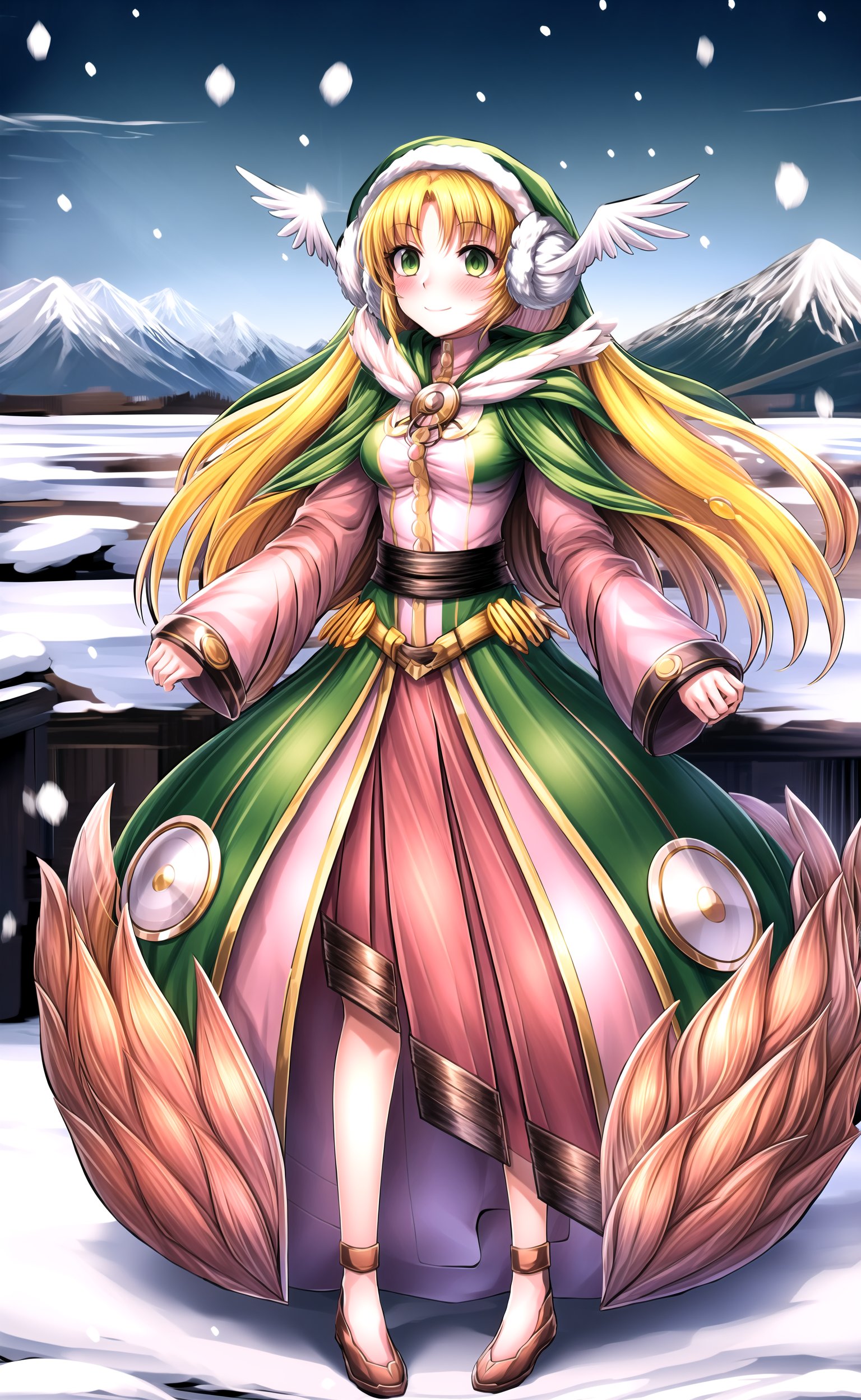 beautiful, skinny, looking at the viewer, blush, smirk smile, standing in the snow, ,(full body shot), (dynamic pose), outdoors, winter, snow, snowy scene, windy, snowing, mountains,  solo focus, tareme-eyes, medium chest, Divine Chant, 4th Seat of the Black Scripture, blonde hair, green eye, (pink dress:1.2), green hood, very long hair, 1girl, solo, angelwing-shaped earmuffs