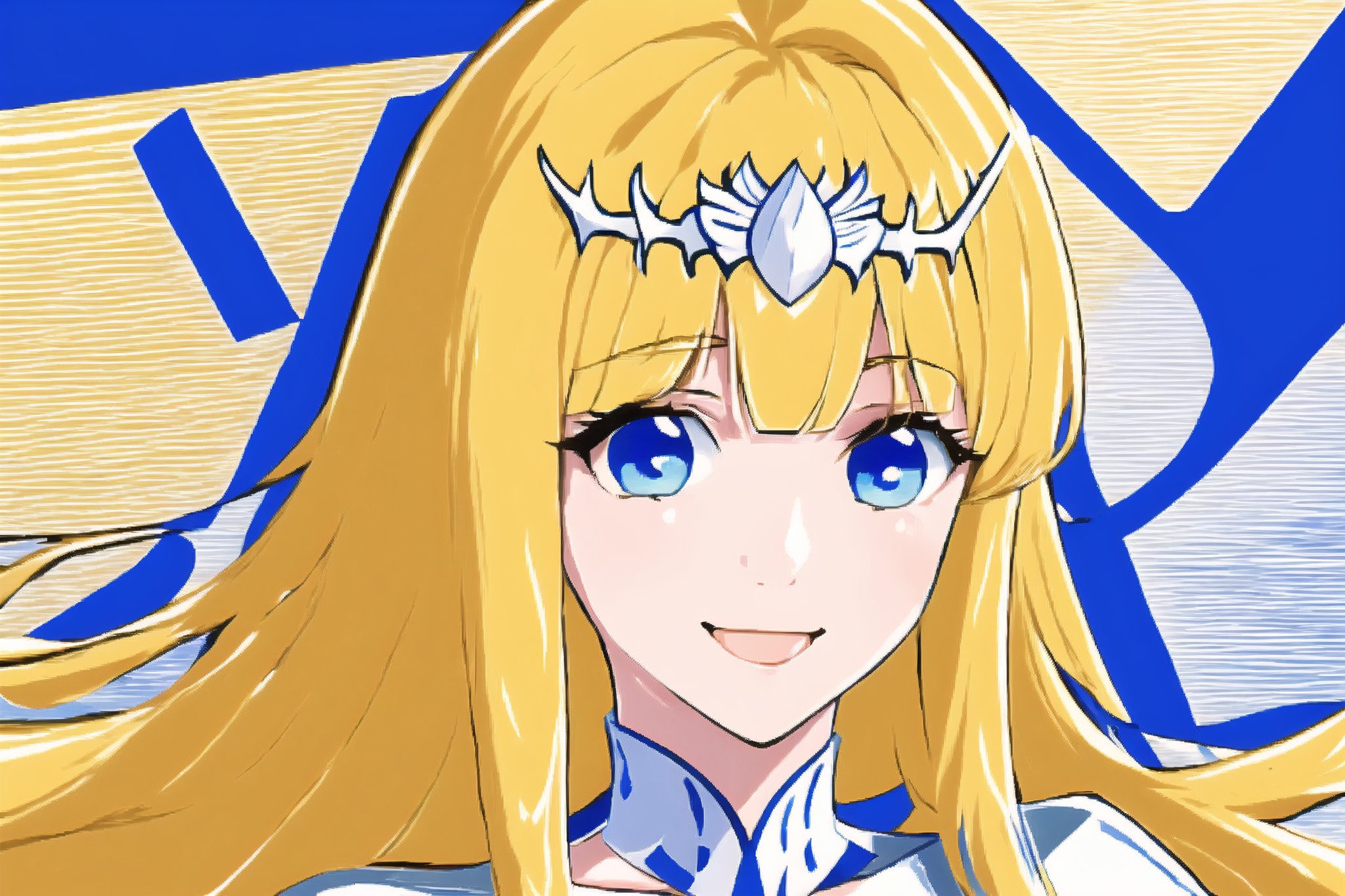 facial shot, bright eyes,, smiling, ,1girl, solo, Calca, Calca Bessarez, blonde hair, (extremely long hair:1.3), very long hair, white tiara, white dress, blue eyes, medium chest, medium breast, yellow hair color